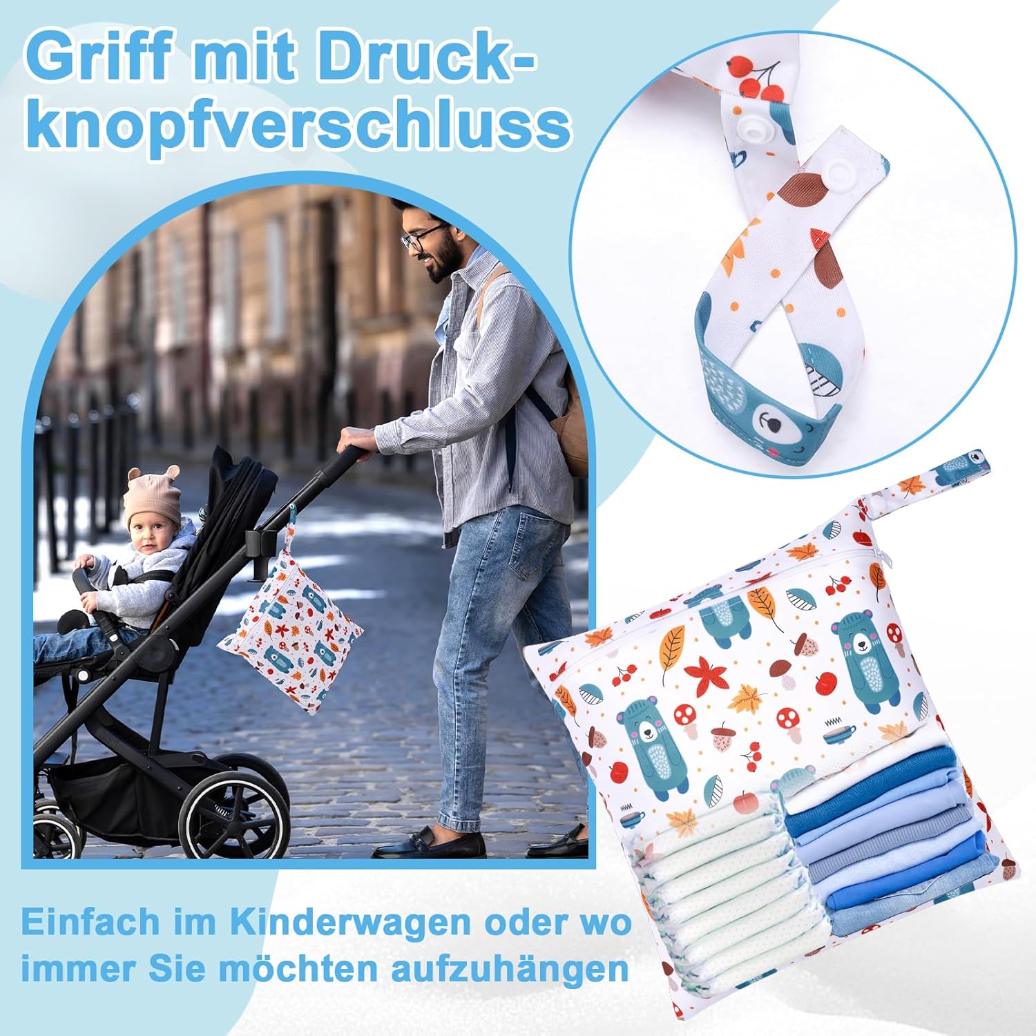 3 Stück Wetbag Kindergarten,28 * 30.5CM Wiederverwendbare wasserdichte Wet Bag,Nasstaschen mit Reißverschluss,Nassbeutel Kindergarten für Baby Reisen Unterwegs – Bild 4