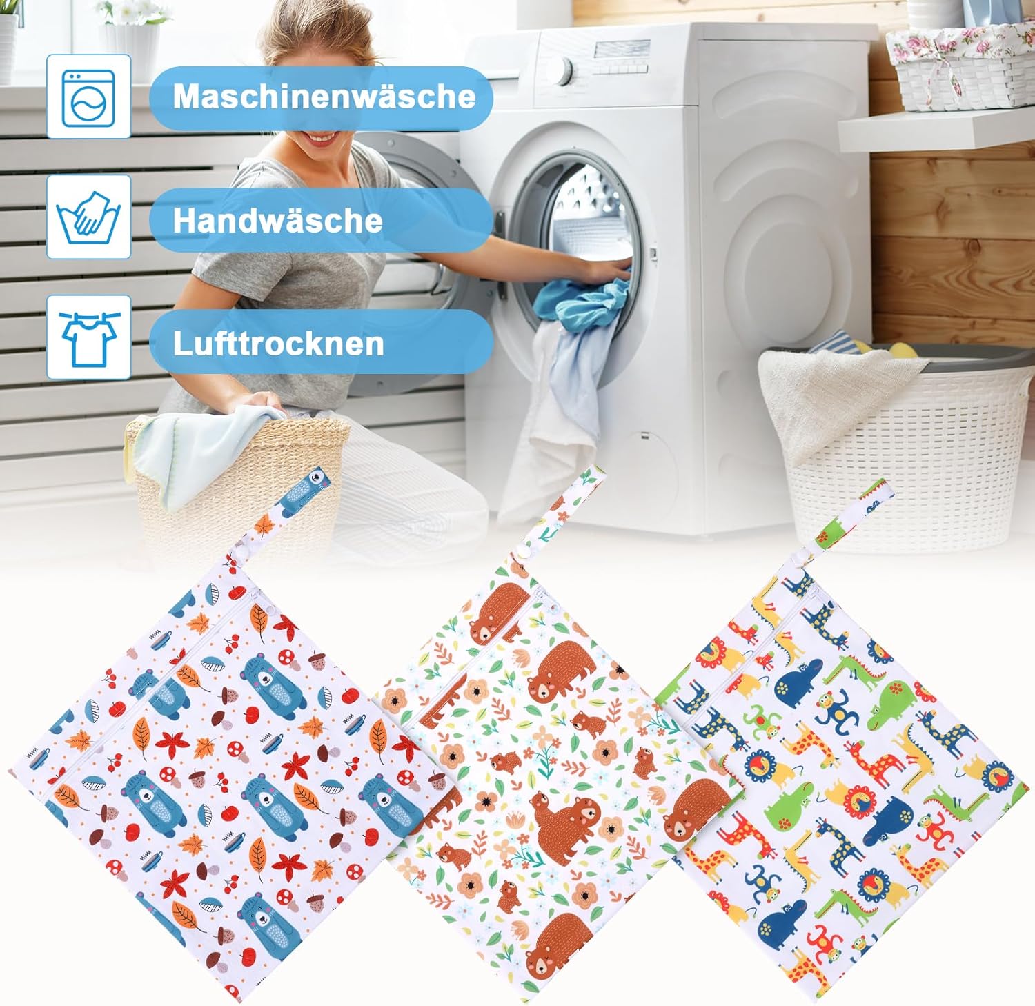 3 Stück Wetbag Kindergarten,28 * 30.5CM Wiederverwendbare wasserdichte Wet Bag,Nasstaschen mit Reißverschluss,Nassbeutel Kindergarten für Baby Reisen Unterwegs – Bild 5