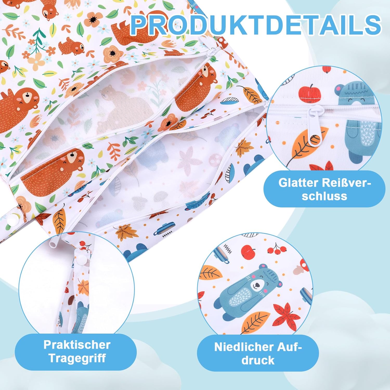 3 Stück Wetbag Kindergarten,28 * 30.5CM Wiederverwendbare wasserdichte Wet Bag,Nasstaschen mit Reißverschluss,Nassbeutel Kindergarten für Baby Reisen Unterwegs – Bild 6