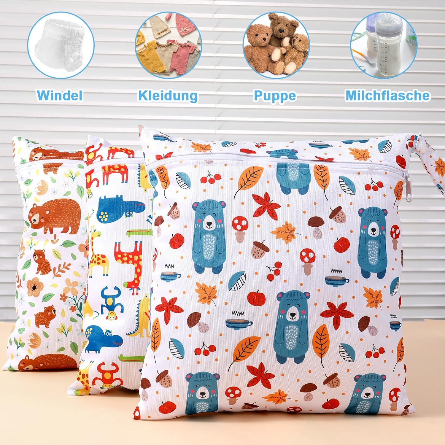 3 Stück Wetbag Kindergarten,28 * 30.5CM Wiederverwendbare wasserdichte Wet Bag,Nasstaschen mit Reißverschluss,Nassbeutel Kindergarten für Baby Reisen Unterwegs – Bild 7