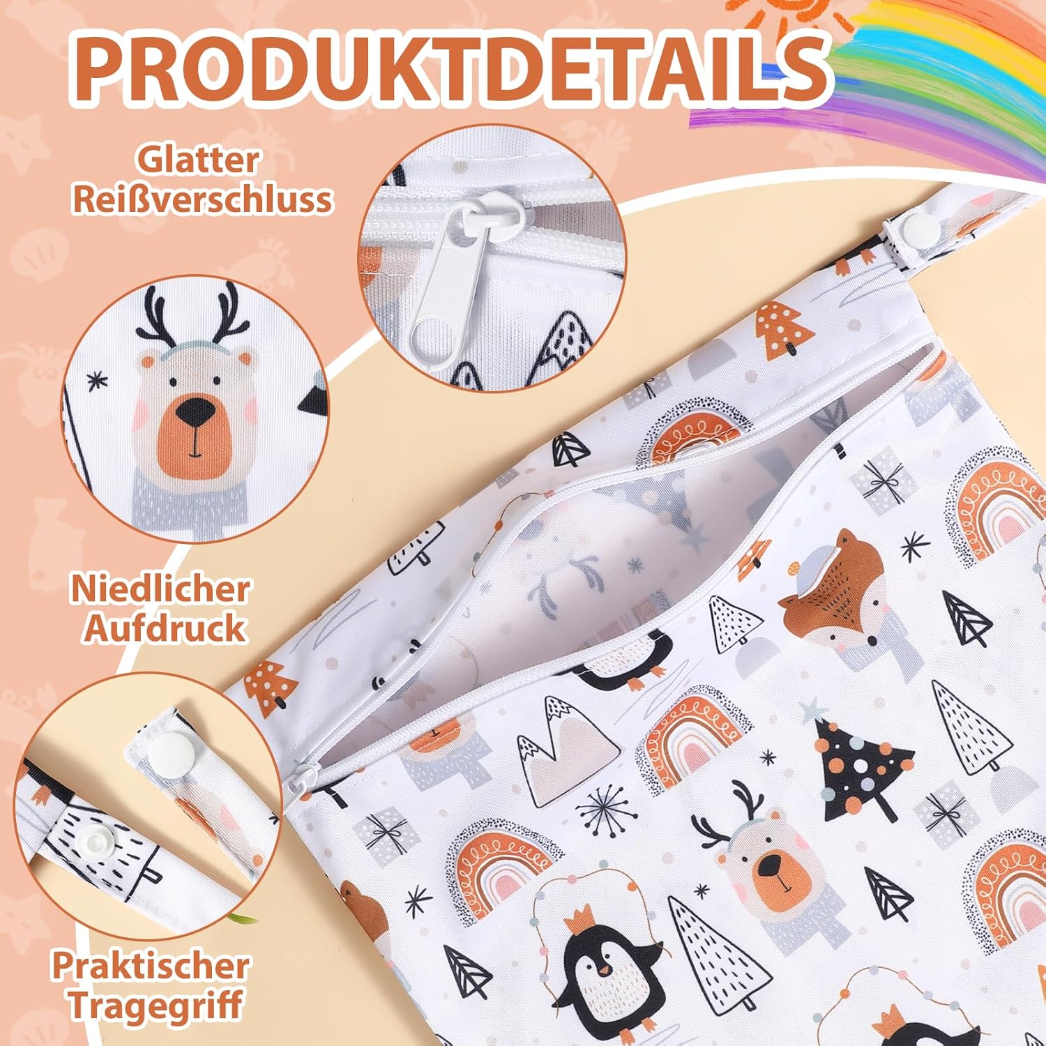 3 Stück Wet Bag Kindergarten,28 * 30CM wasserdichte Wetbag,Wiederverwendbare Nasstaschen mit Reißverschluss,Nassbeutel Kindergarten für Baby Reisen Unterwegs – Bild 3