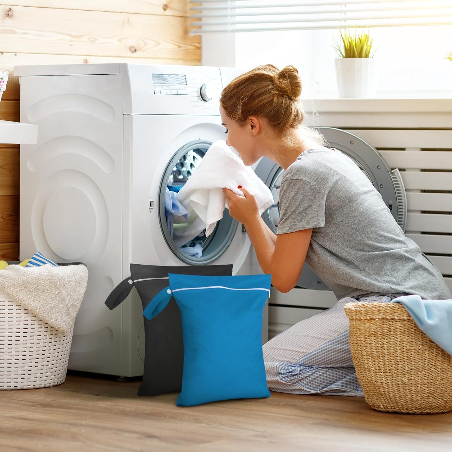 2 Stück Nassbeutel 40 x 30 cm, Wasserdichter Wäschesack Schwarz & Blau, Wiederverwendbarer Reise Nasssack mit Reißverschluss, Klein Nasstasche Schwimmen für Badeanzüge, Strandtücher, Windeln – Bild 3