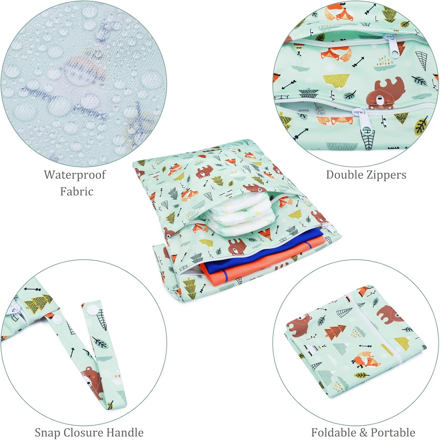 Windeltasche Nasstaschen, 3 Stück Wetbag Stoffwindeln Organiser Taschen, Beutel Wickeltasche Nasssack Wäschebeutel Kindergarten Naßtasche Nassbeutel Wiederverwendbare Baby (Grüner Bär) – Bild 3