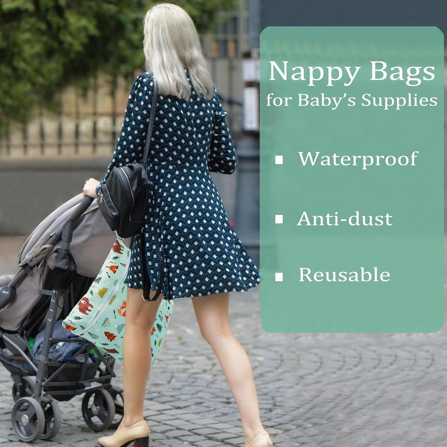 Windeltasche Nasstaschen, 3 Stück Wetbag Stoffwindeln Organiser Taschen, Beutel Wickeltasche Nasssack Wäschebeutel Kindergarten Naßtasche Nassbeutel Wiederverwendbare Baby (Grüner Bär) – Bild 4