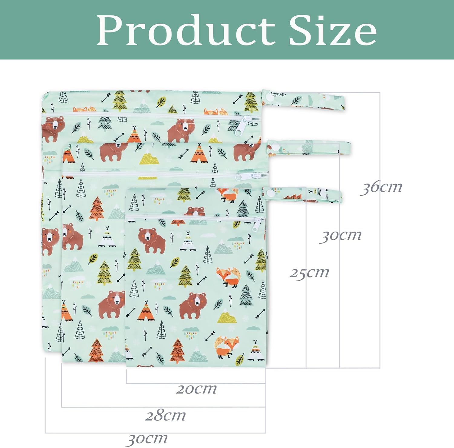 Windeltasche Nasstaschen, 3 Stück Wetbag Stoffwindeln Organiser Taschen, Beutel Wickeltasche Nasssack Wäschebeutel Kindergarten Naßtasche Nassbeutel Wiederverwendbare Baby (Grüner Bär) – Bild 5