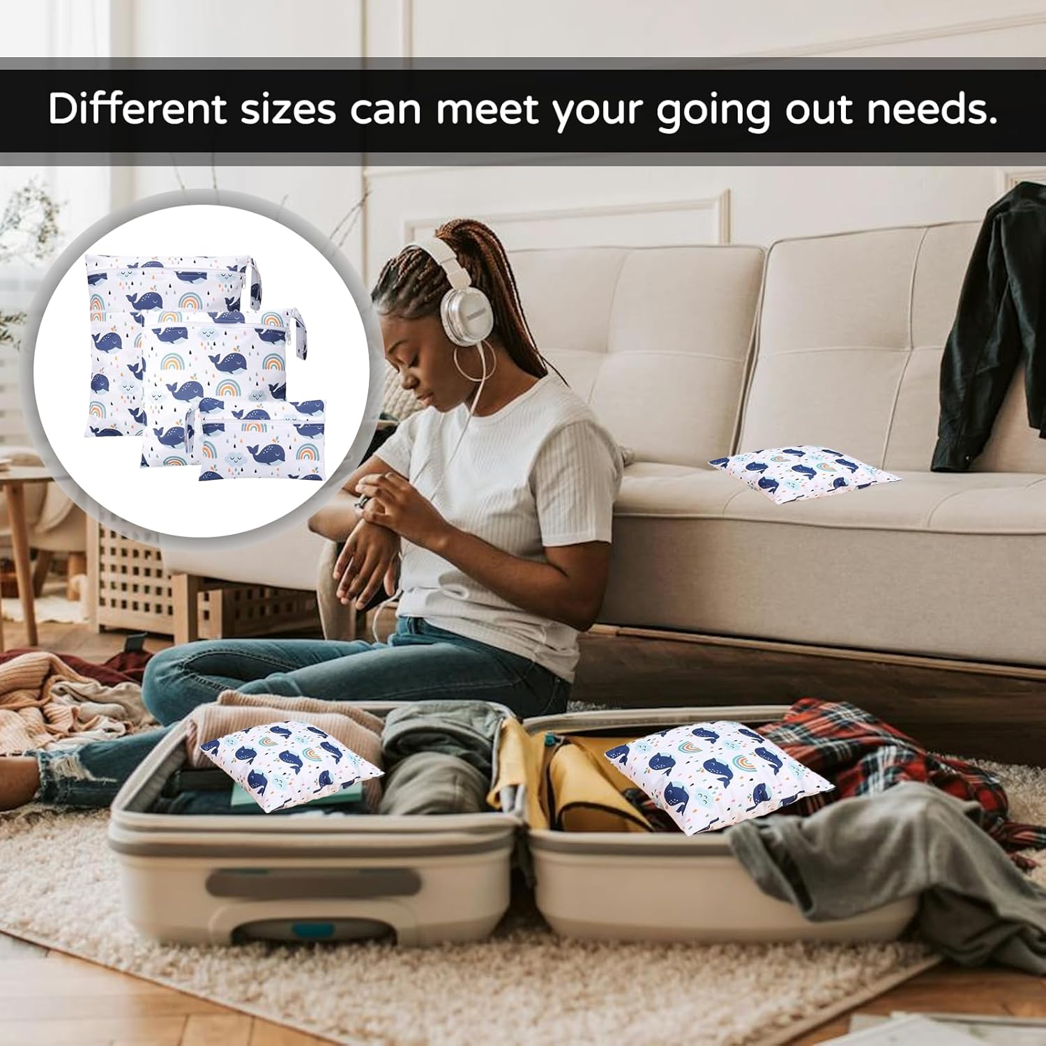 Pack of 3 Wetbags for Nursery, Wet Bag, 3 Sizes, Wet Bag, Wet Bag for Nursery, Reusable Baby Travel Nappy Storage Bag with Zip, Beach and Pool (Blue) – Bild 4