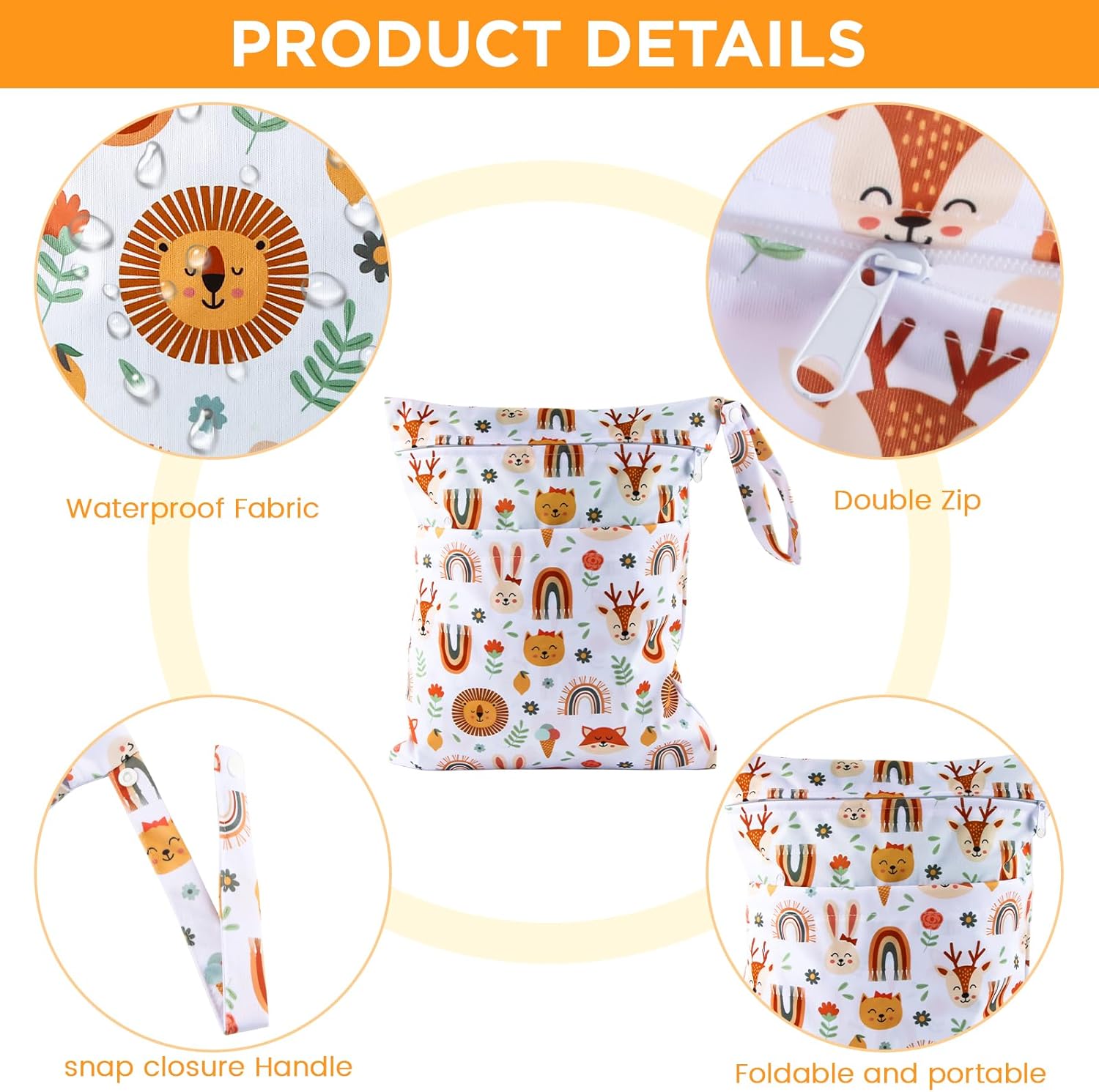 Nasstasche Kindergarten, Wetbag Kindergarten 2er Set, Wäschebeutel Kita Wasserdicht, Nassbeutel Waschbar, Windeltasche Nasstasche, Wetbag Stoffwindeln, Nasstaschen Wiederverwendbar, Fuchs – Bild 3