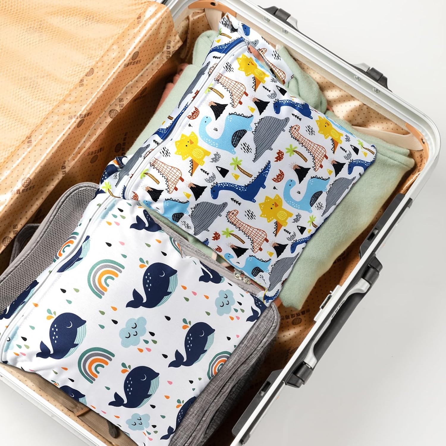 4 Stück Wetbag Kindergarten: 4 Stile Nasstaschen Wasserdicht Windeltasche, Wet Bag Wiederverwendbare Stoffwindeln Nasstaschen, für Babywindeln, Schwimmbad, Strand, Reisen – Bild 5