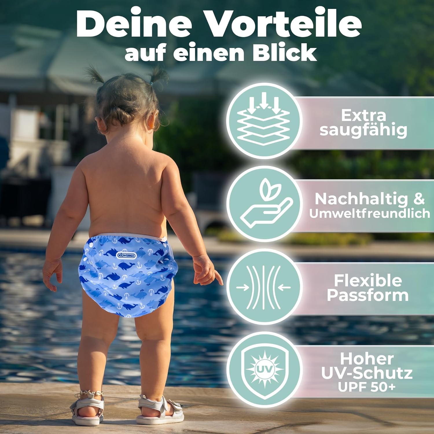 KIDVERSE 2er Set Schwimmwindel Baby 0-3 Jahre - Hautfreundliche Schwimmwindeln wiederverwendbar & saugstark - Baby Schwimmwindel mit Tasche & Wäschenetz (Blau Haie & Wale 2er) – Bild 3
