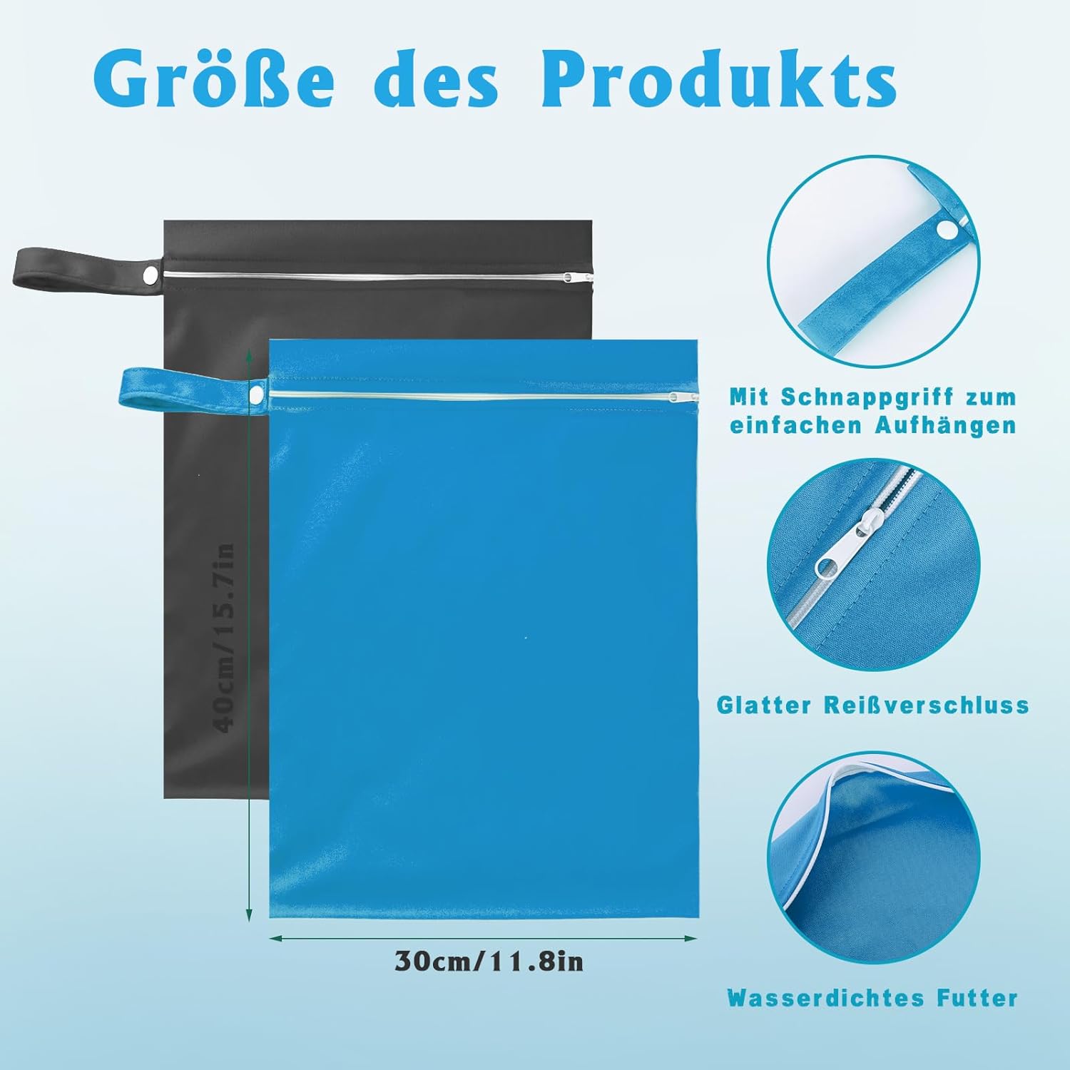 2 Stück Nassbeutel 40 x 30 cm, Wasserdichter Wäschesack Schwarz & Blau, Wiederverwendbarer Reise Nasssack mit Reißverschluss, Klein Nasstasche Schwimmen für Badeanzüge, Strandtücher, Windeln – Bild 2