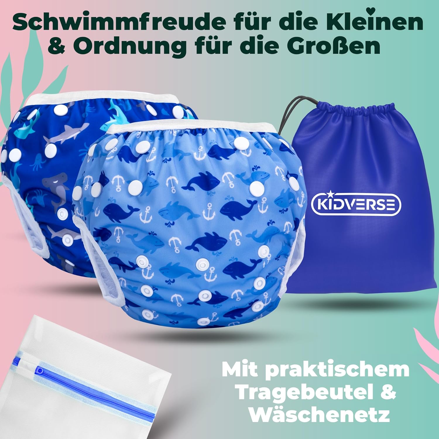 KIDVERSE 2er Set Schwimmwindel Baby 0-3 Jahre - Hautfreundliche Schwimmwindeln wiederverwendbar & saugstark - Baby Schwimmwindel mit Tasche & Wäschenetz (Blau Haie & Wale 2er) – Bild 2