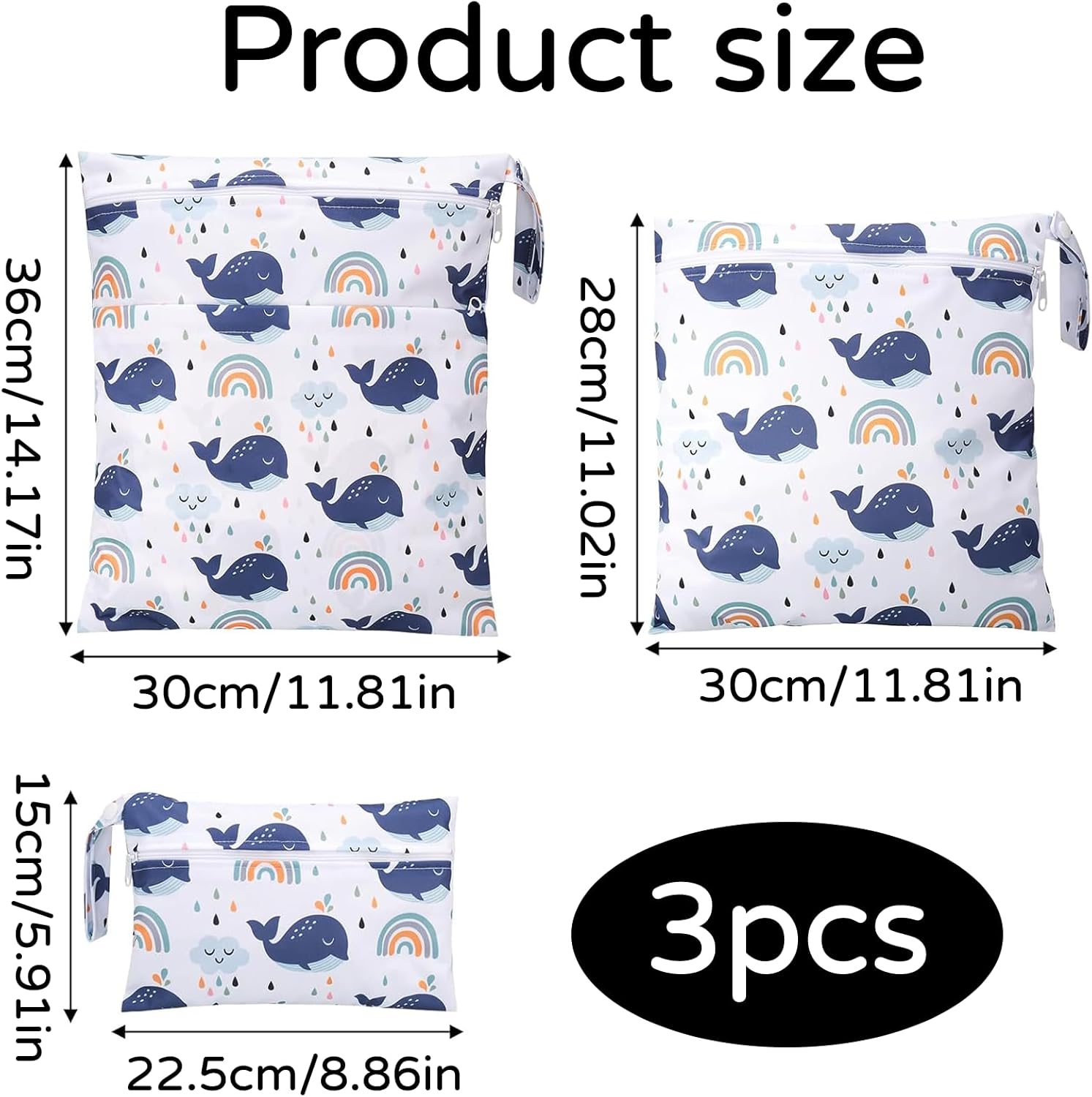 Pack of 3 Wetbags for Nursery, Wet Bag, 3 Sizes, Wet Bag, Wet Bag for Nursery, Reusable Baby Travel Nappy Storage Bag with Zip, Beach and Pool (Blue) – Bild 2