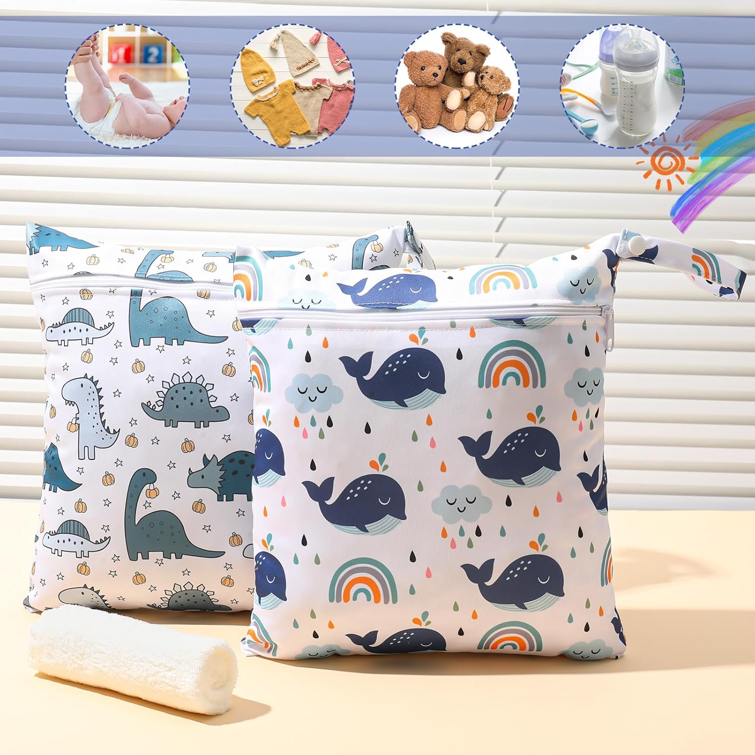 2 Stück Wetbag Kindergarten,wasserdichte Nasstasche Baby mit 1 Waschlappen, Windeltasche für Unterwegs, Wiederverwendbare Wet Bag mit Reißverschluss, Whales, Dinosaurs Pattern – Bild 7