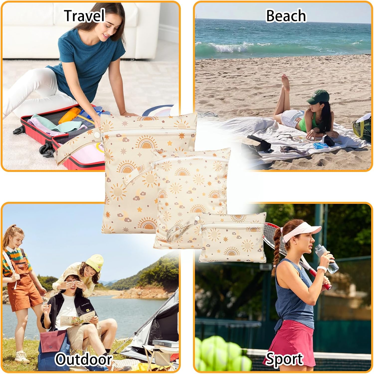 GIEEU 3 x Feuchtbeutel, wasserdichte Windeltaschen, wiederverwendbar, für Reisen, Strand, Camping, Fitnessstudio, Schwimmen, beige, Einheitsgröße, Praktisch: – Bild 7