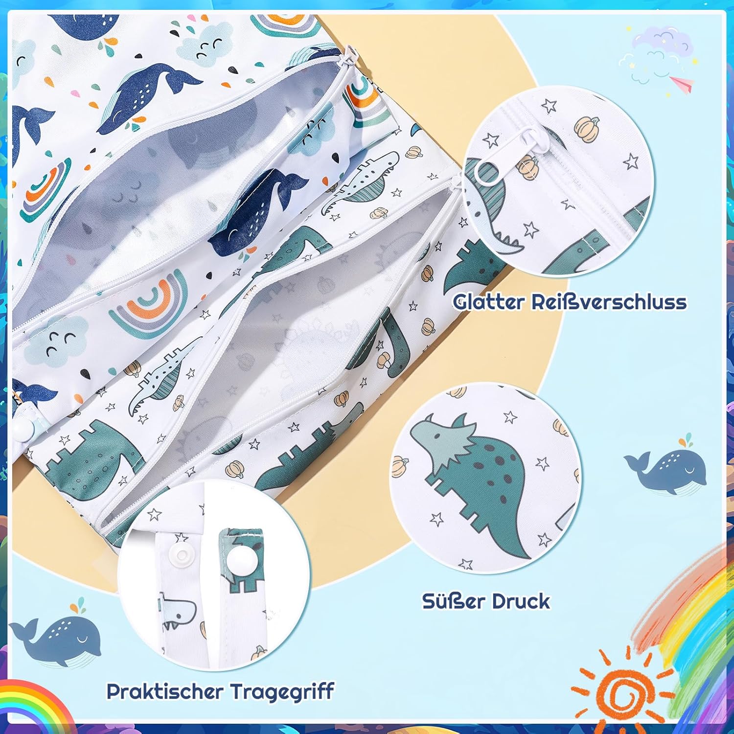2 Stück Wetbag Kindergarten,wasserdichte Nasstasche Baby mit 1 Waschlappen, Windeltasche für Unterwegs, Wiederverwendbare Wet Bag mit Reißverschluss, Whales, Dinosaurs Pattern – Bild 2