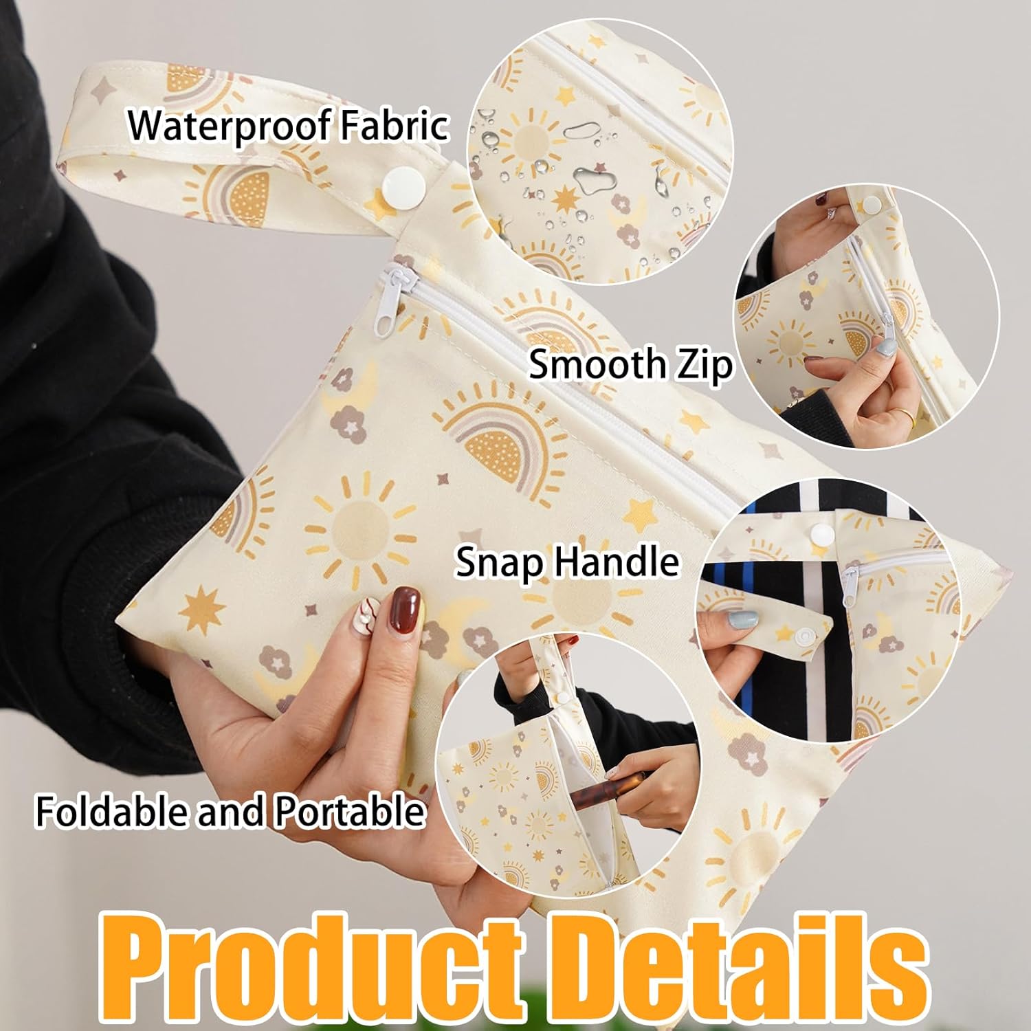 GIEEU 3 x Feuchtbeutel, wasserdichte Windeltaschen, wiederverwendbar, für Reisen, Strand, Camping, Fitnessstudio, Schwimmen, beige, Einheitsgröße, Praktisch: – Bild 2