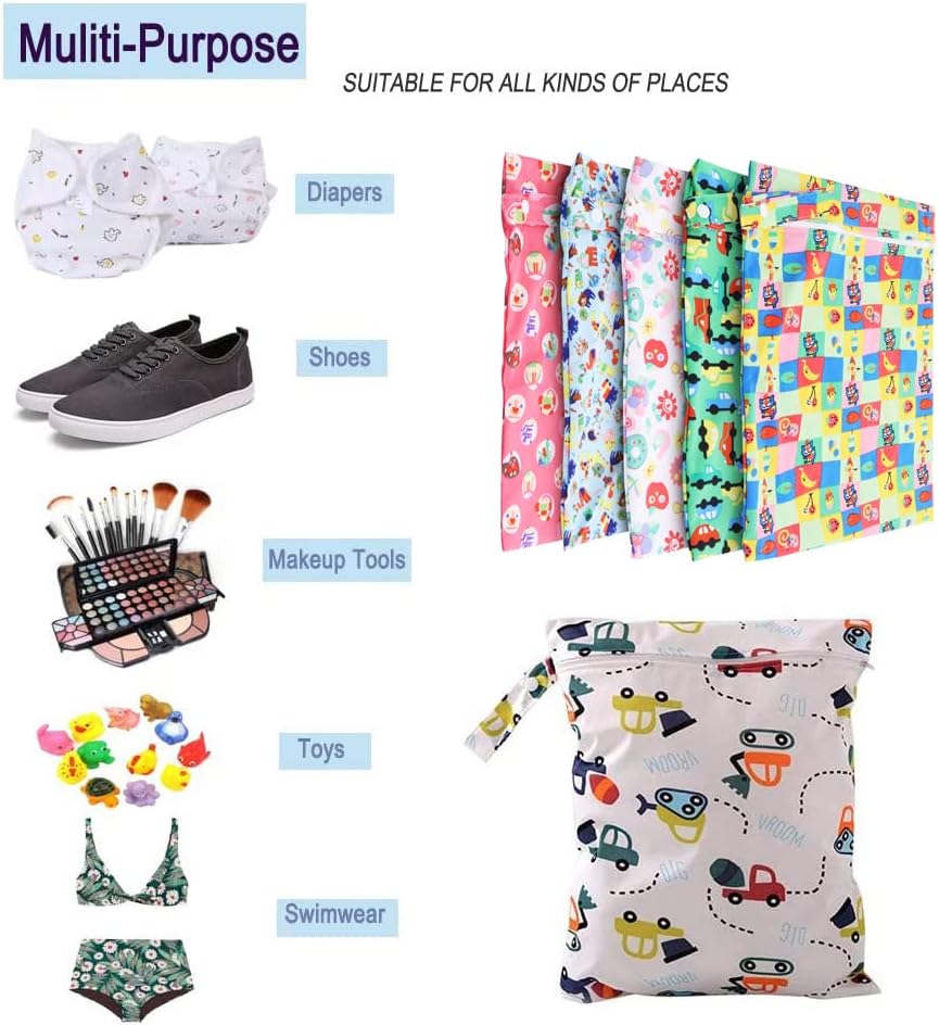 Wetbag, 5 Pcs Nasstaschen Wiederverwendbare Organiser Beutel Waschbar mit Reißverschluss Nassbeutel für Baby Kleinkind Reisen Gym – Bild 2