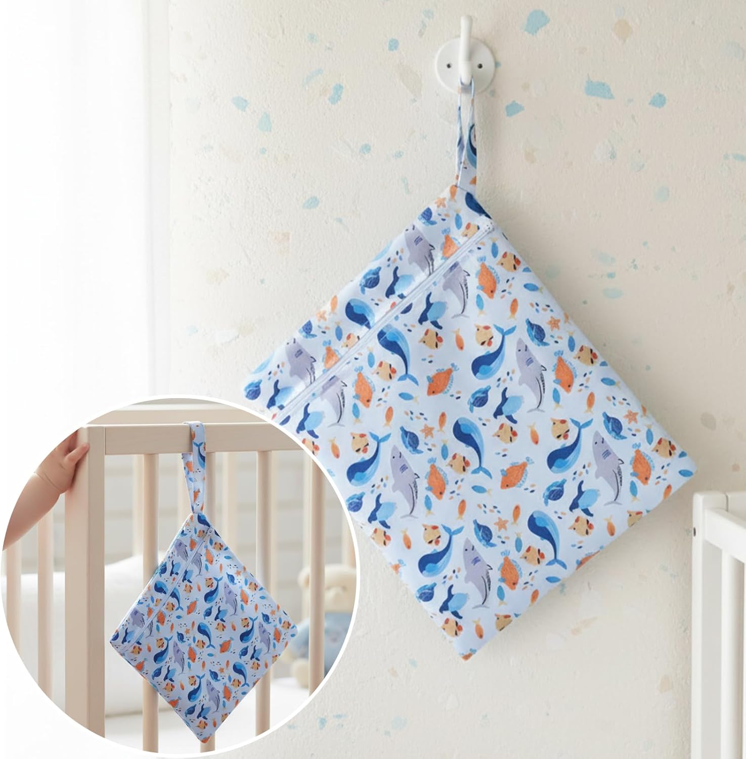 2 Stück Wetbag Kindergarten, Wiederverwendbare Nassbeutel Kindergarten Mit Reißverschluss, Dinosaurier- Und Walmuster Nasstasche Schwimmsachen, 28 X 30 cm Wet Bag – Bild 2