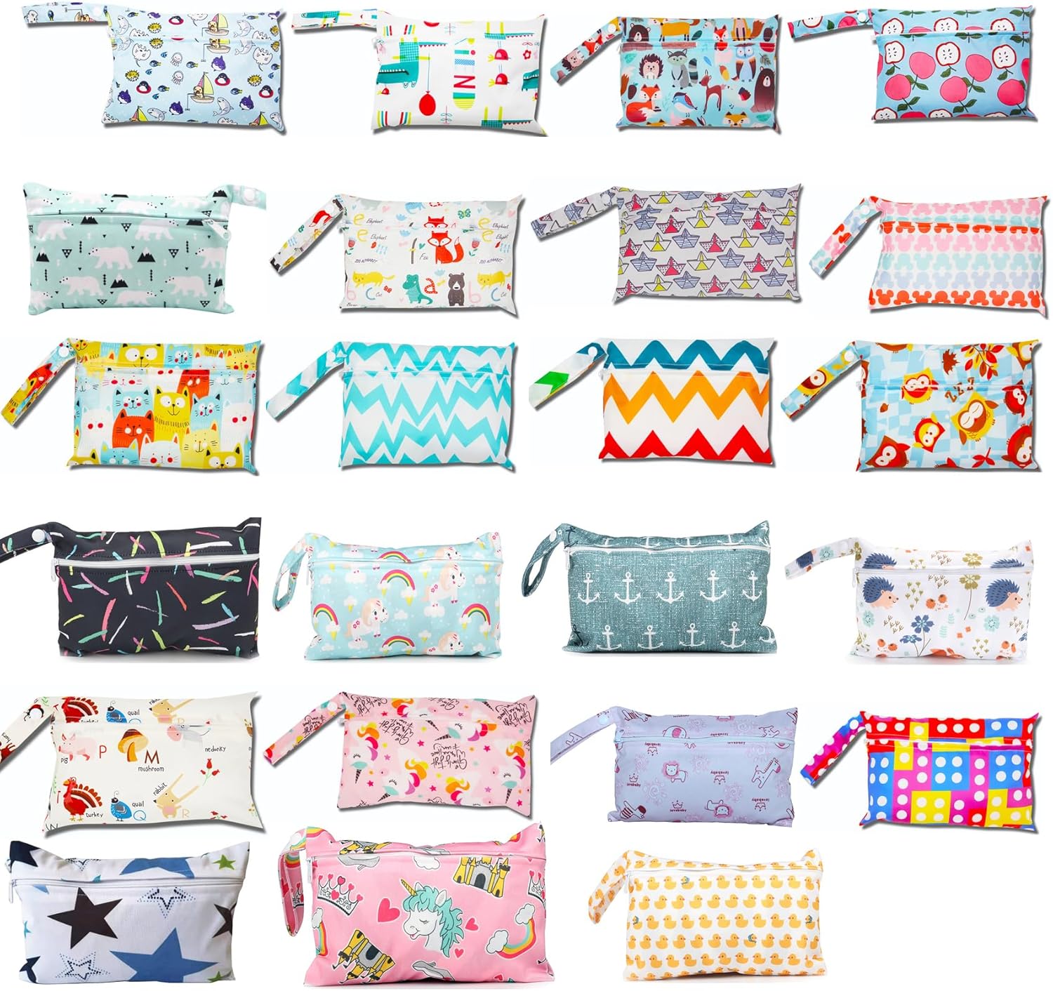 Mini Windeltasche mit Bunte Tier-Muster Wasserdichte Wetbag Wickeltasche 22*15cm Klein Nassbeutel Windel Tasche Wet Dry Cloth Organiser Beutel für Babys Schwimmen Reisen Strand CampingApfel – Bild 2