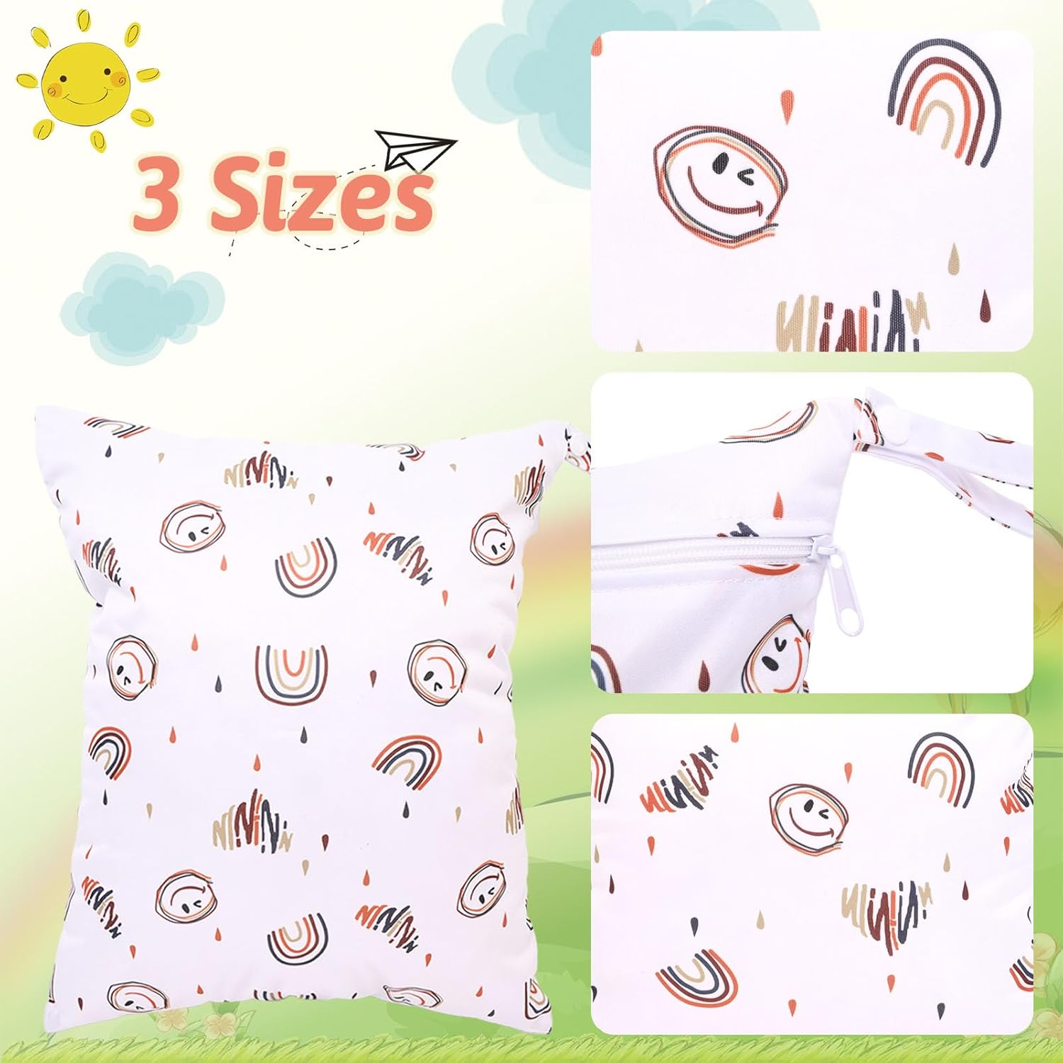 2 Stück Nassbeutel Kindergarten, Wetbag Kita Mädchen und Junge, Wet Bag Organiser für Kleinkind Windeln Reisen Gym Strand Pool (Regenbogen Lächeln) – Bild 4