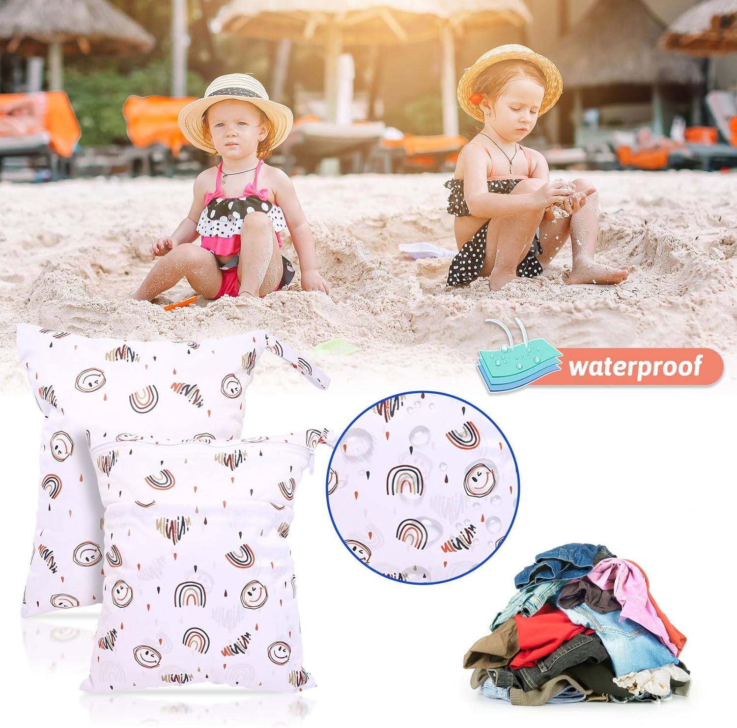 2 Stück Nassbeutel Kindergarten, Wetbag Kita Mädchen und Junge, Wet Bag Organiser für Kleinkind Windeln Reisen Gym Strand Pool (Regenbogen Lächeln) – Bild 5