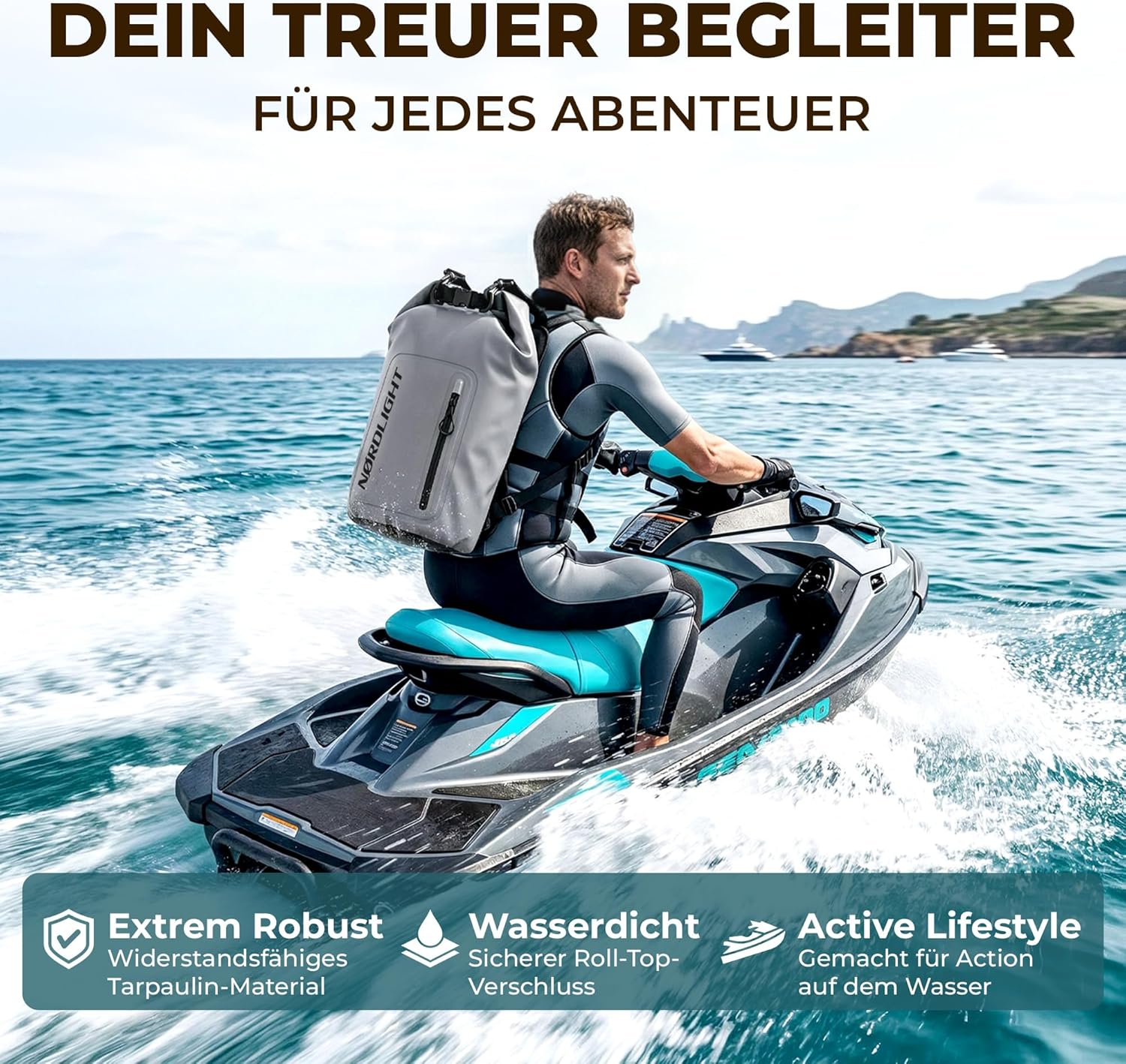 Nordlight Dry Bag wasserdichte Tasche mit Handyhülle + Roll-Top, Schultergurt | Drybag wasserfester Rucksack Beutel Packsack Seesack Wassersack Wetbag | Baden Schwimmen Strand SUP – Schwarz, 5 Liter – Bild 8