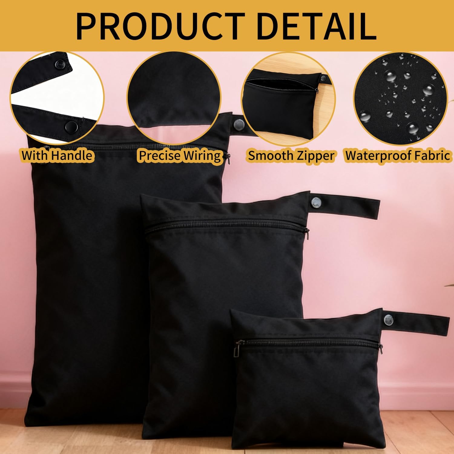 3er-Pack Windelbeutel Organizer, Schwarz gemusterte Wetbags für Babys, 3 Größen, Wiederverwendbare Wickeltaschen mit Reißverschluss für Camping, Schwimmen, Reisen und Strand – Bild 3