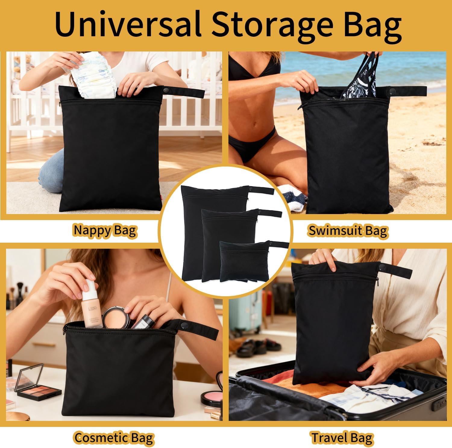 3er-Pack Windelbeutel Organizer, Schwarz gemusterte Wetbags für Babys, 3 Größen, Wiederverwendbare Wickeltaschen mit Reißverschluss für Camping, Schwimmen, Reisen und Strand – Bild 4