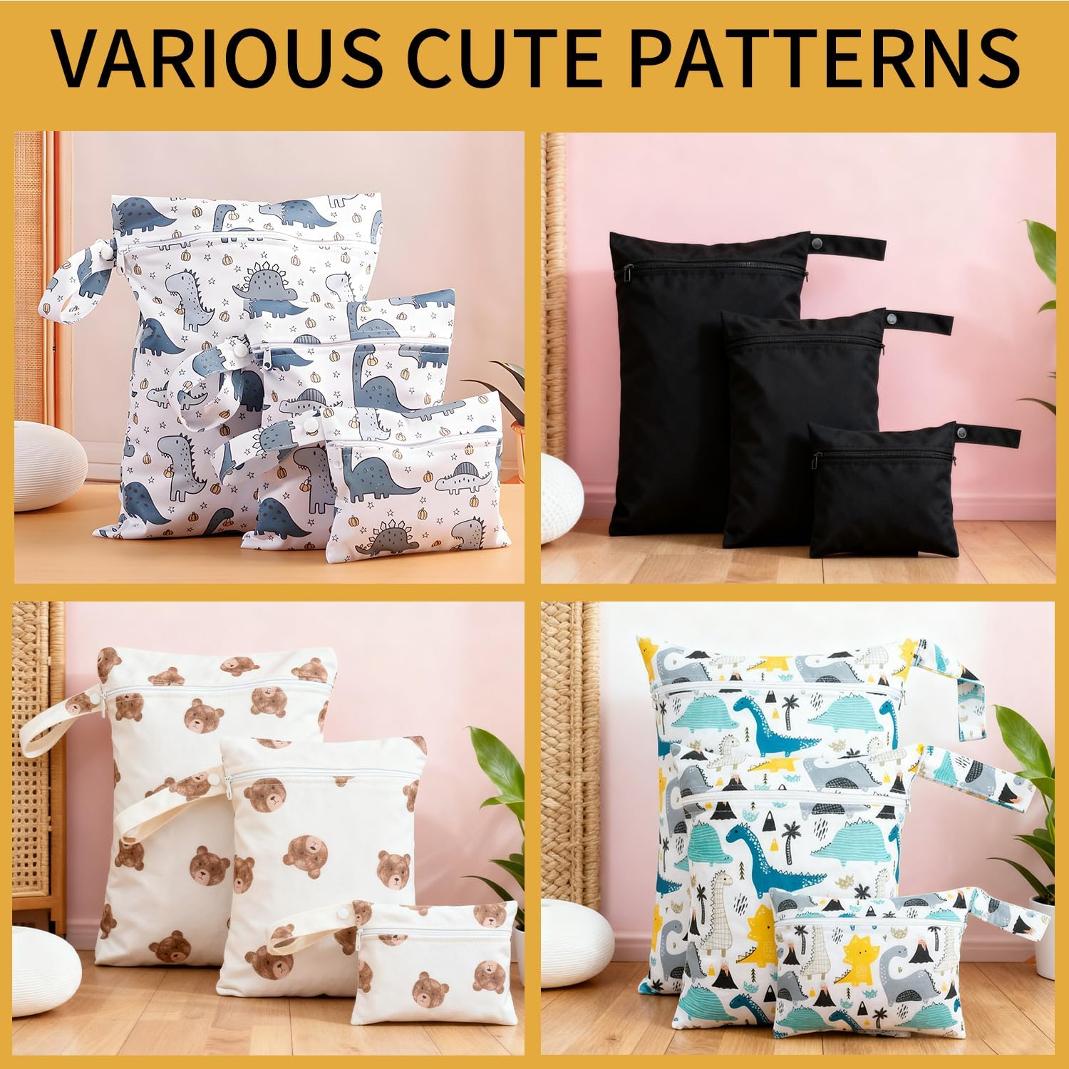 3er-Pack Windelbeutel Organizer, Schwarz gemusterte Wetbags für Babys, 3 Größen, Wiederverwendbare Wickeltaschen mit Reißverschluss für Camping, Schwimmen, Reisen und Strand – Bild 7