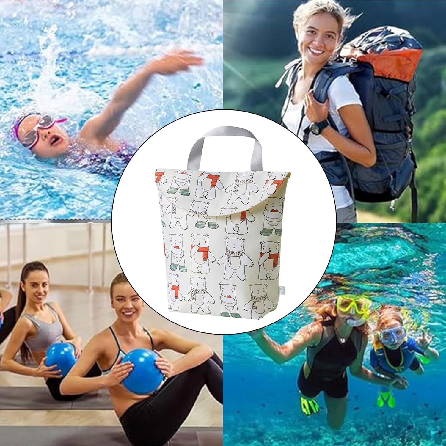 Eisbärenmotiv Wetbag, Wetbag Kindergarten, Nasstaschen Windeltasche, Waschbare Nassbeutel mit Einem Griff, Wasserdicht Zweischichtige Lagerung Wetbags Schwimmsachen für Schwimmen Gym Reisen – Bild 5