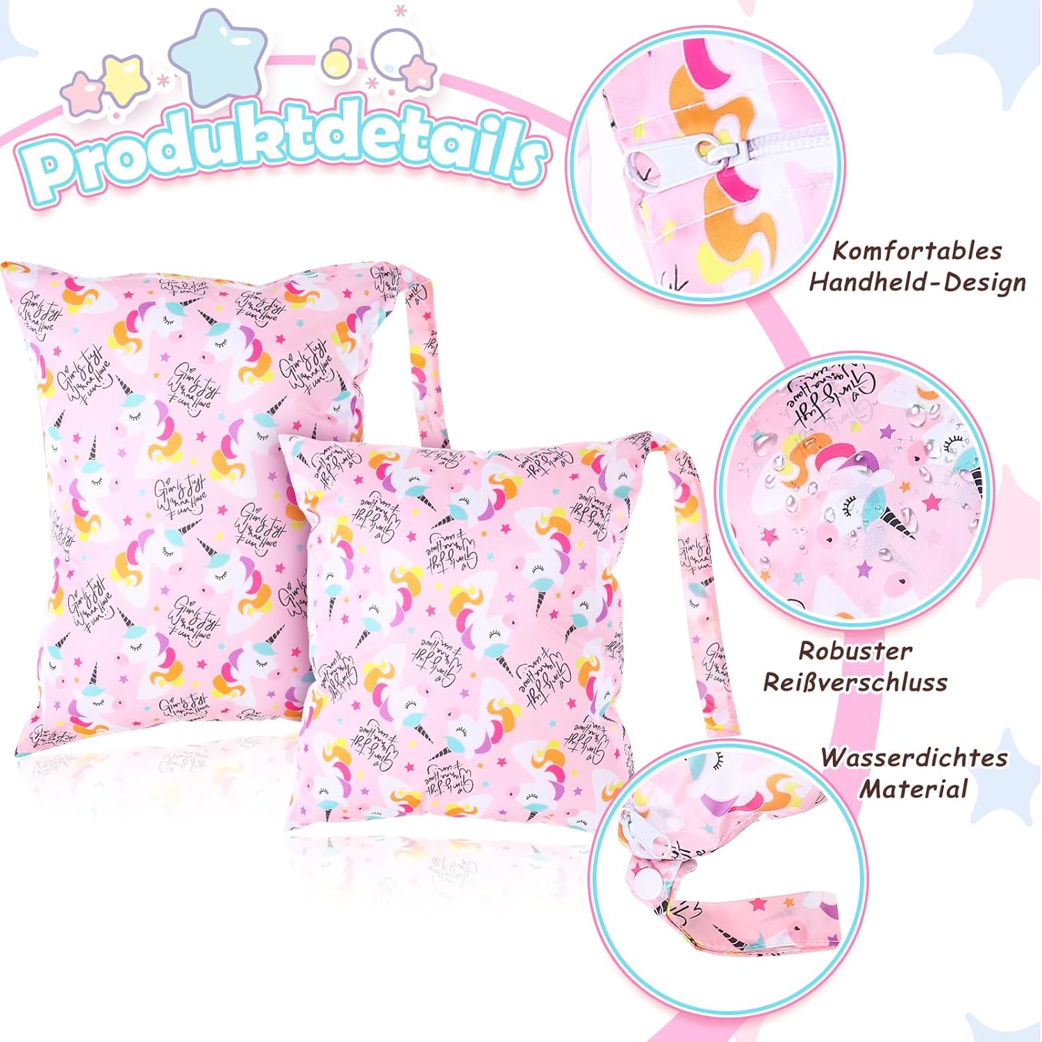 2 Stück Nassbeutel,Wiederverwendbar Wetbag Einhorn,Kindergarten Windeltasche für Unterwegs,Wetbag Periodenwäsche Wasserdicht,Nasstasche für Schwimmbad,Strand,Reisen,Fitnessstudio – Bild 3