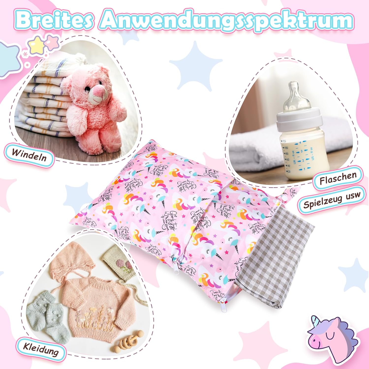 2 Stück Nassbeutel,Wiederverwendbar Wetbag Einhorn,Kindergarten Windeltasche für Unterwegs,Wetbag Periodenwäsche Wasserdicht,Nasstasche für Schwimmbad,Strand,Reisen,Fitnessstudio – Bild 4