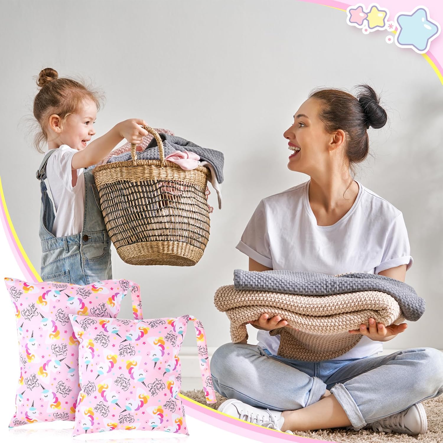 2 Stück Nassbeutel,Wiederverwendbar Wetbag Einhorn,Kindergarten Windeltasche für Unterwegs,Wetbag Periodenwäsche Wasserdicht,Nasstasche für Schwimmbad,Strand,Reisen,Fitnessstudio – Bild 5