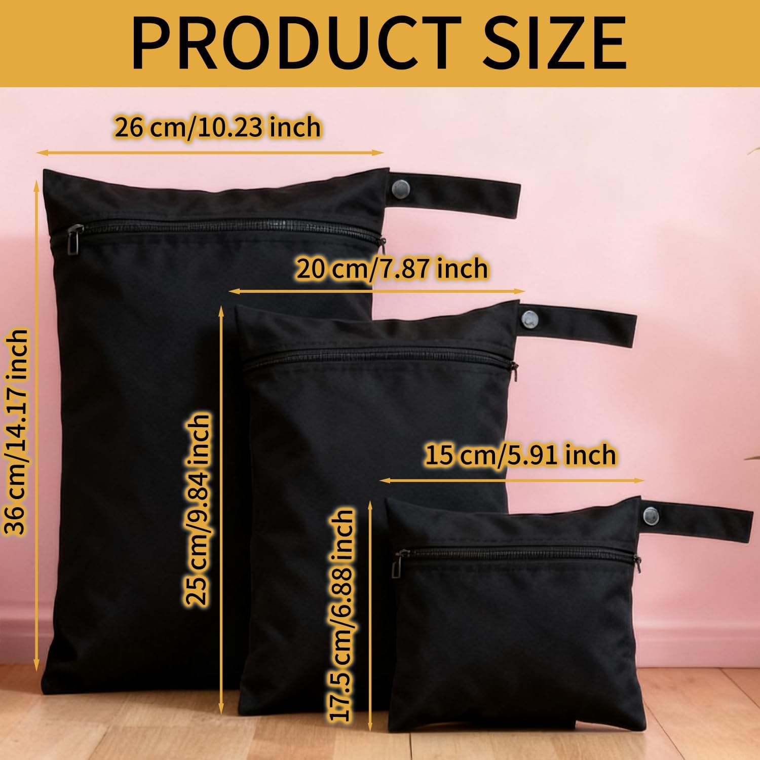 3er-Pack Windelbeutel Organizer, Schwarz gemusterte Wetbags für Babys, 3 Größen, Wiederverwendbare Wickeltaschen mit Reißverschluss für Camping, Schwimmen, Reisen und Strand – Bild 2