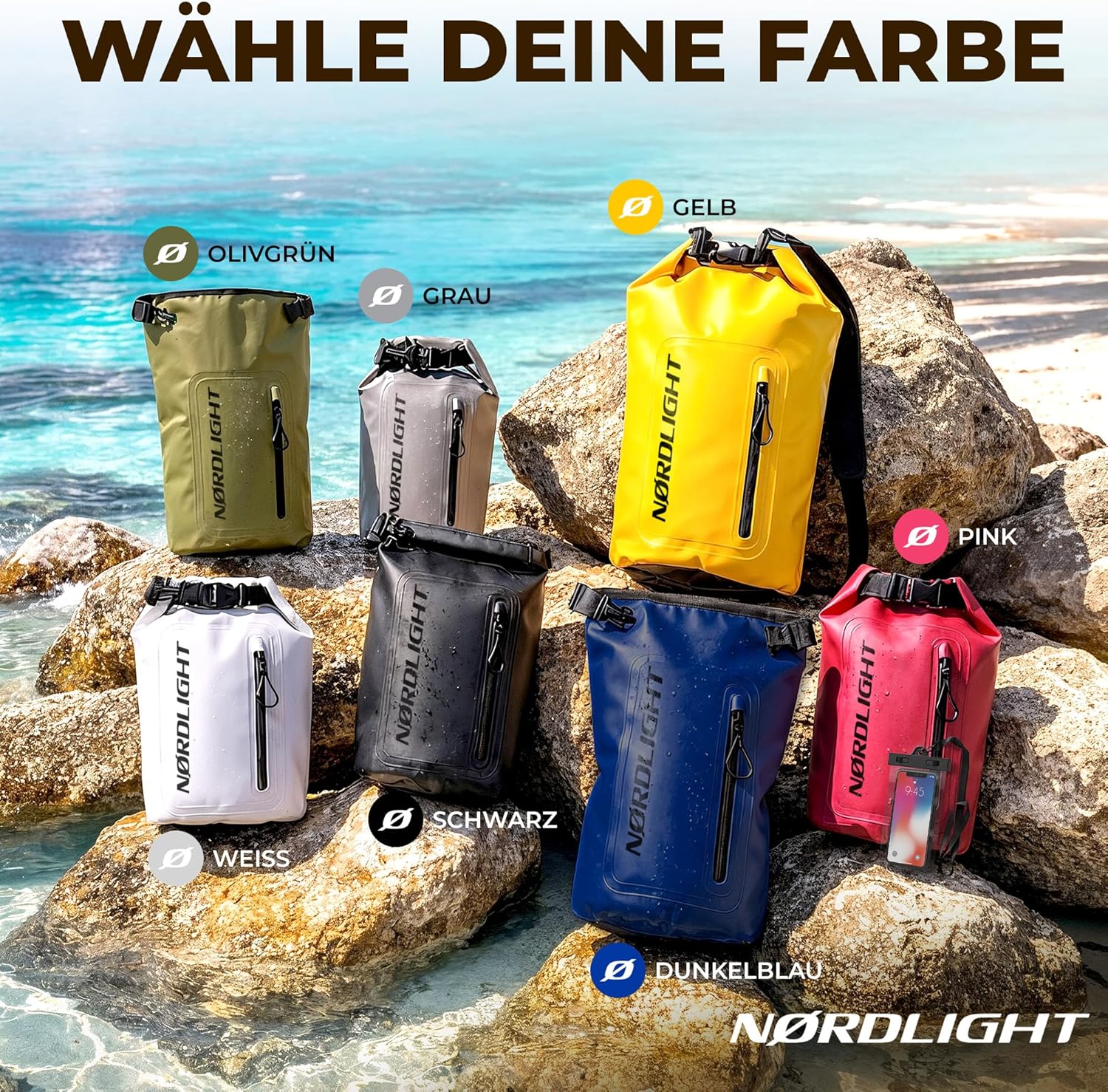 Nordlight Dry Bag wasserdichte Tasche mit Handyhülle + Roll-Top, Schultergurt | Drybag wasserfester Rucksack Beutel Packsack Seesack Wassersack Wetbag | Baden Schwimmen Strand SUP – Schwarz, 5 Liter – Bild 2