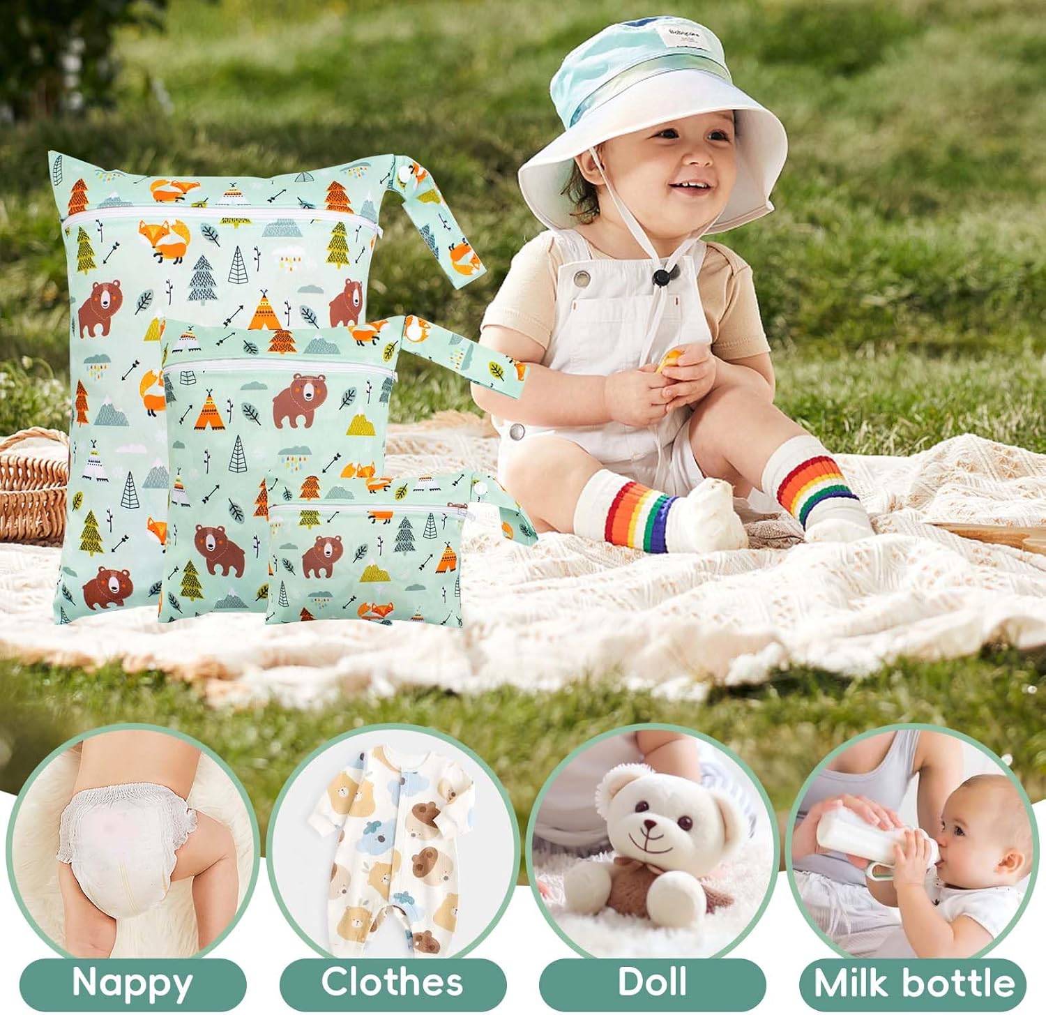 3 Stück Wetbag Kindergarten, Windeltaschen wasserdichte Nasstasche 3 Größen Wet Bag Stoffwindeln Wiederverwendbare mit Reißverschluss für Kleinkind Windeln, Camping, Reisen, Strand und Pool – Bild 7