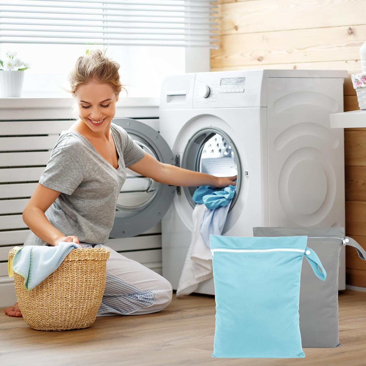Deepton 2 Stück Nassbeutel 40 x 30 cm, Wetbag Schwimmsachen Blau & Grau, Wasserdicht Nasstasche mit Reißverschluss, Wiederverwendbar Reise Wäschesack für Badeanzüge, Strandtücher, Windeln – Bild 6