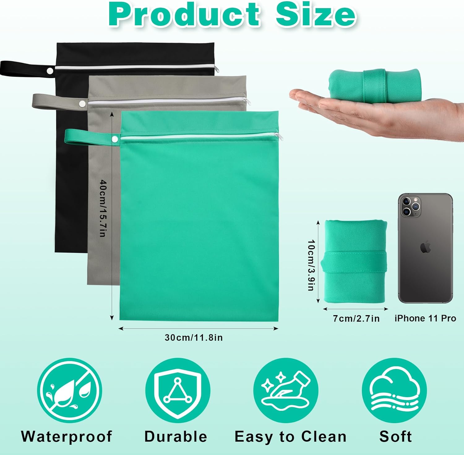 3 Stück Nassbeutel,40 x 30 cmWetbag wasserdichte Wet Bag mit Reißverschluss Wiederverwendbarer Reise Nasssack mit Klein Nasstasche Schwimmen für Badeanzüge/Strandtücher/Windeln (Grau+Grün+Schwarz) – Bild 2