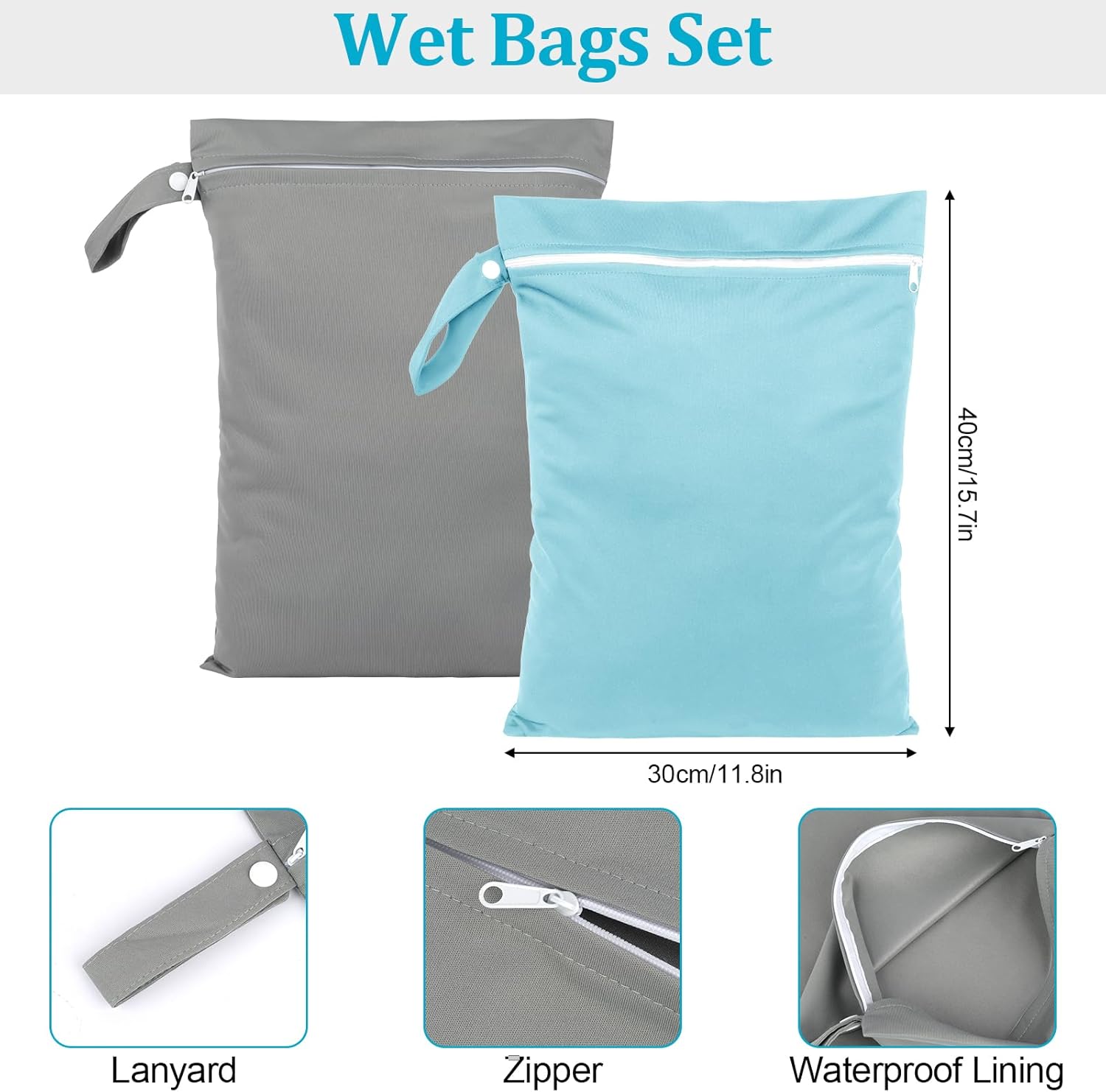 Deepton 2 Stück Nassbeutel 40 x 30 cm, Wetbag Schwimmsachen Blau & Grau, Wasserdicht Nasstasche mit Reißverschluss, Wiederverwendbar Reise Wäschesack für Badeanzüge, Strandtücher, Windeln – Bild 2