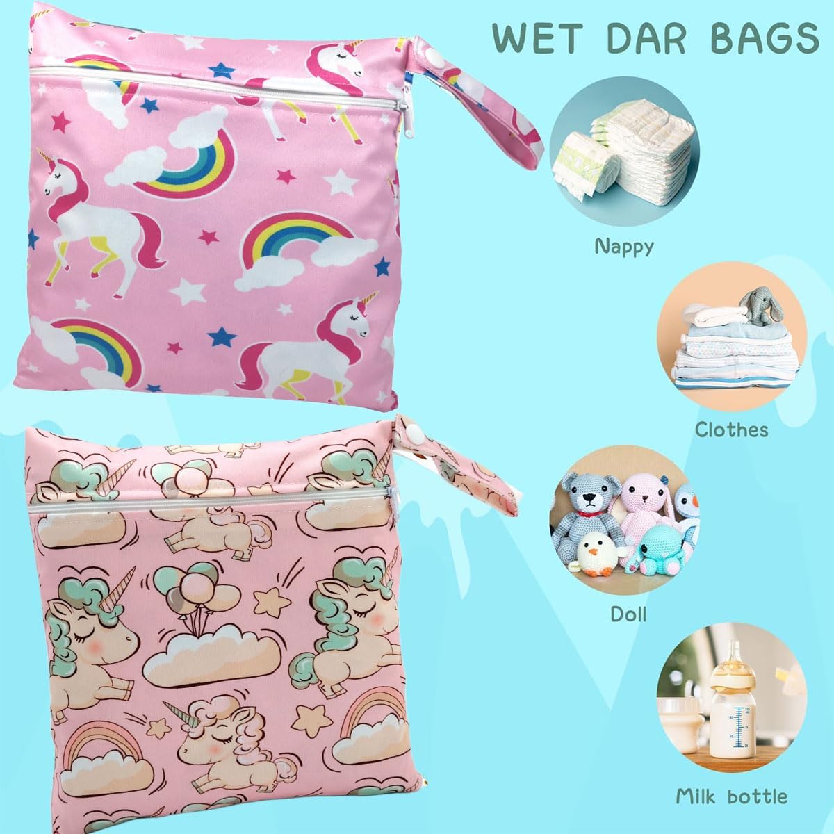 Wetbag Kindergarten 2 Stück, Nasstasche Rosa Einhorn, Wasserdichter Tragbar Beutel Windeltasche für Unterwegs, Wet Bag Klein Beutel für Nasse Badesachen, Wiederverwendbar Wickeltasche Organizer – Bild 2