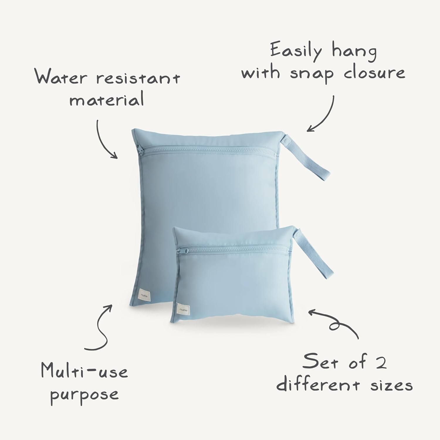 mushie Wasserabweisendes Wet Bag 2er-Set für unterwegs – praktische Aufbewahrungstaschen groß & klein, schnelltrocknend, mit Druckknopf, ideal für Windeln, Kleidung und Spielzeug (Blush) – Bild 6