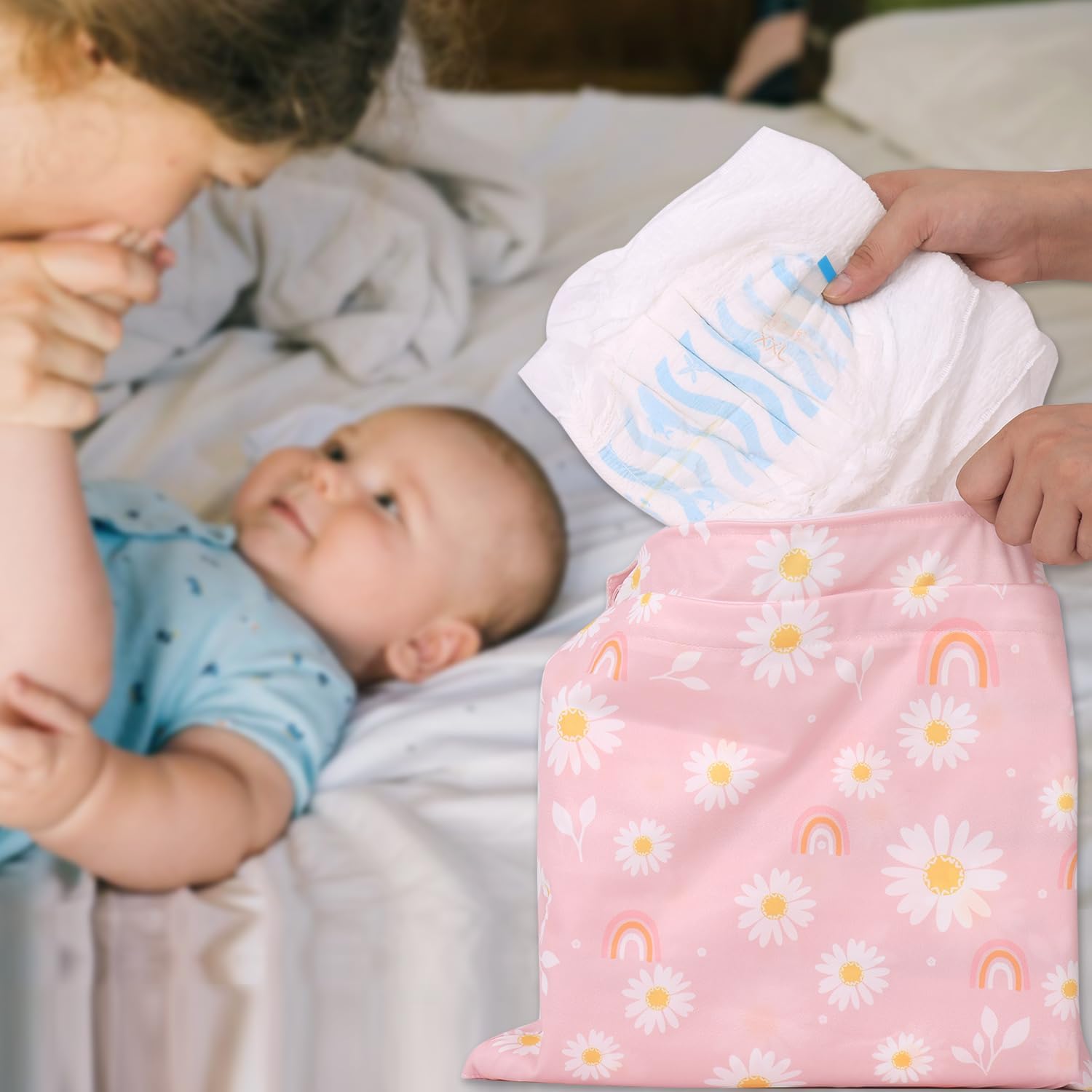 2 x Stoffwindelbeutel, wasserdicht, wiederverwendbar, mit 2 Reißverschlusstaschen und Griff, waschbare Wäschesäcke für Baby- und Erwachsenen-Kleidung, Reisen, Strand, Pool, Kita, Yoga, – Bild 4
