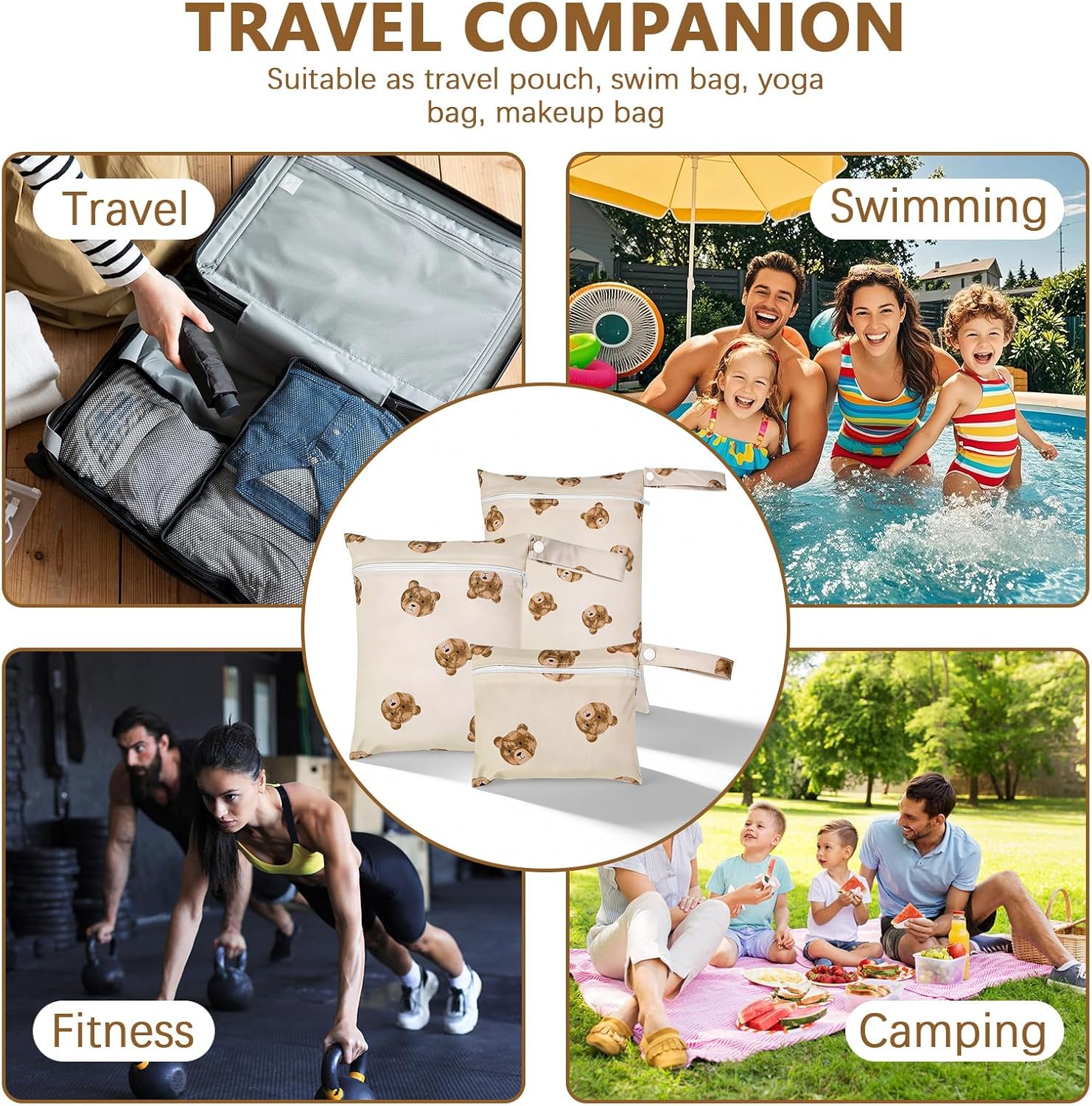 Windeltasche Nasstaschen, 3 Stück Bärenmuster Wetbag Stoffwindeln Organiser Taschen, Beutel Wickeltasche, Kindergarten Naßtasche, Nassbeutel Organiser für Schwimmen Gym Reisen – Bild 7