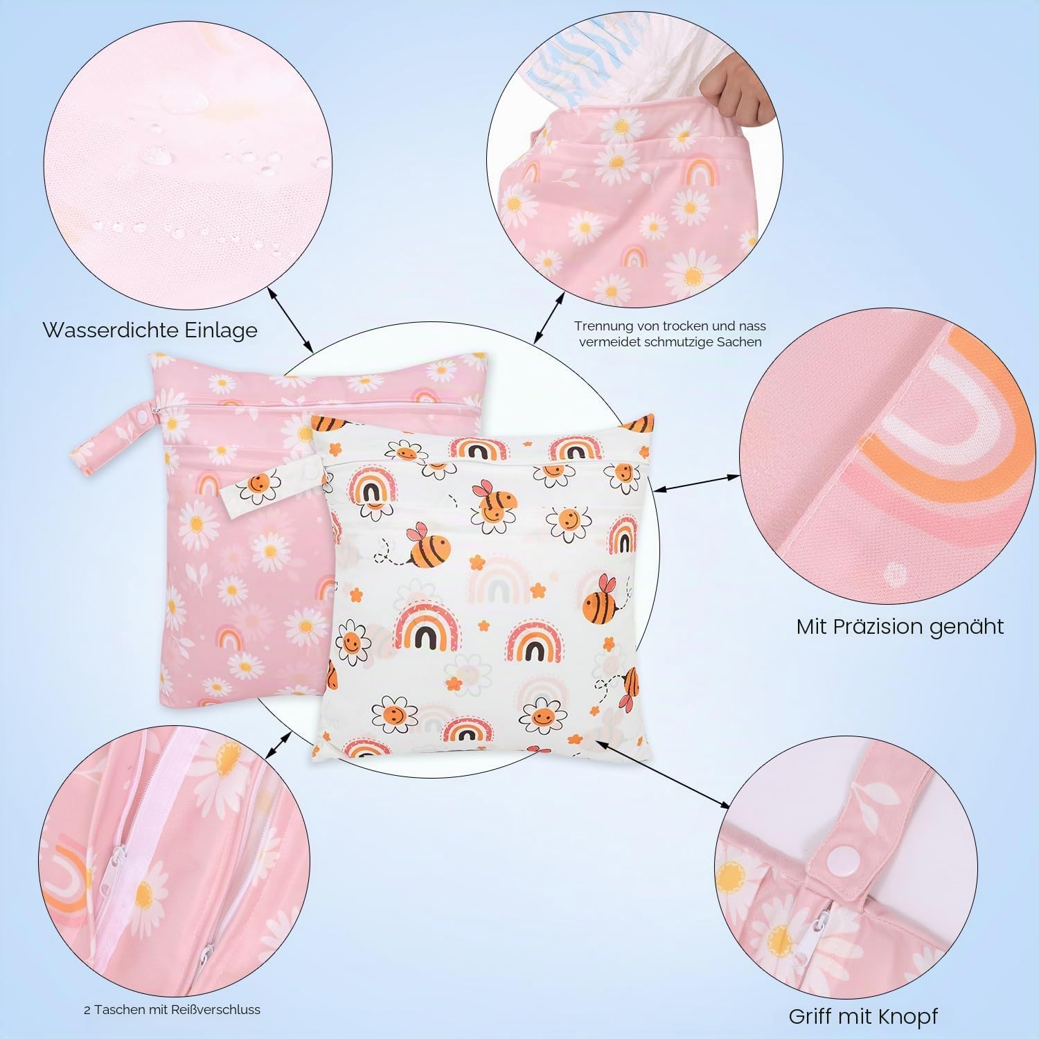 2 x Stoffwindelbeutel, wasserdicht, wiederverwendbar, mit 2 Reißverschlusstaschen und Griff, waschbare Wäschesäcke für Baby- und Erwachsenen-Kleidung, Reisen, Strand, Pool, Kita, Yoga, – Bild 2