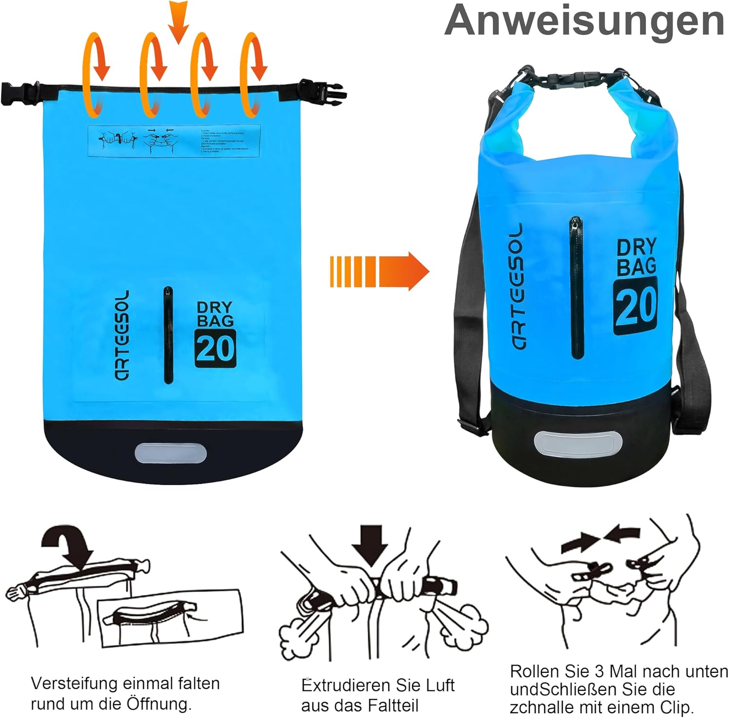 Dry Bag - 5L 10L 20L 30L Waterproof trockener Beutel/Sack wasserdichte Tasche mit Langem justierbarem Bügel für Kayaking Boots-Ausflug Kanu/Fischen/Rafting/Schwimmen/Snowboarding – Bild 3