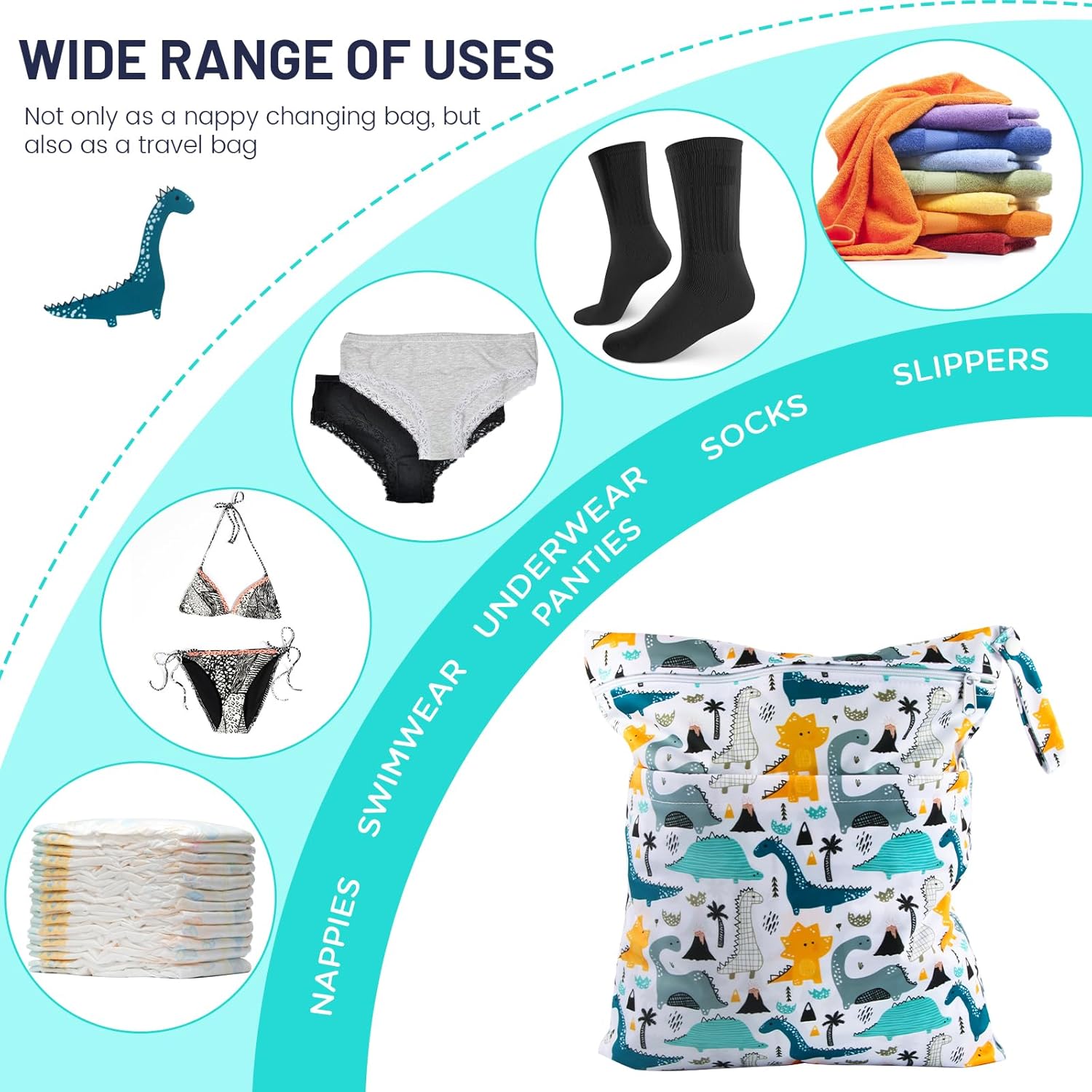 Kindergarten-Nasstasche 2er Set, Wasserdicht, Nassbeutel Kita, Windeltasche Nasstasche, Wetbag Stoffwindeln, Wiederverwendbar Dinosaurier – Bild 4