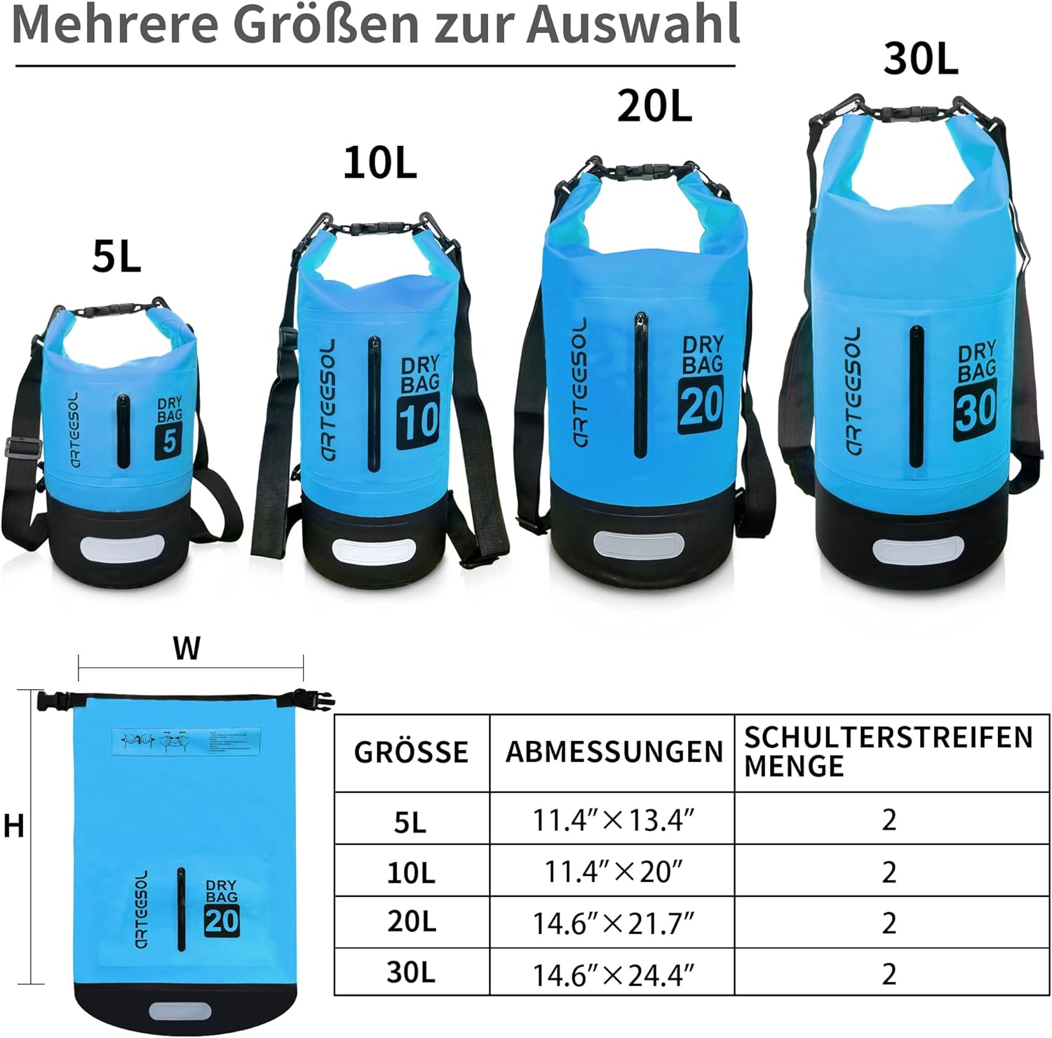 Dry Bag - 5L 10L 20L 30L Waterproof trockener Beutel/Sack wasserdichte Tasche mit Langem justierbarem Bügel für Kayaking Boots-Ausflug Kanu/Fischen/Rafting/Schwimmen/Snowboarding – Bild 2