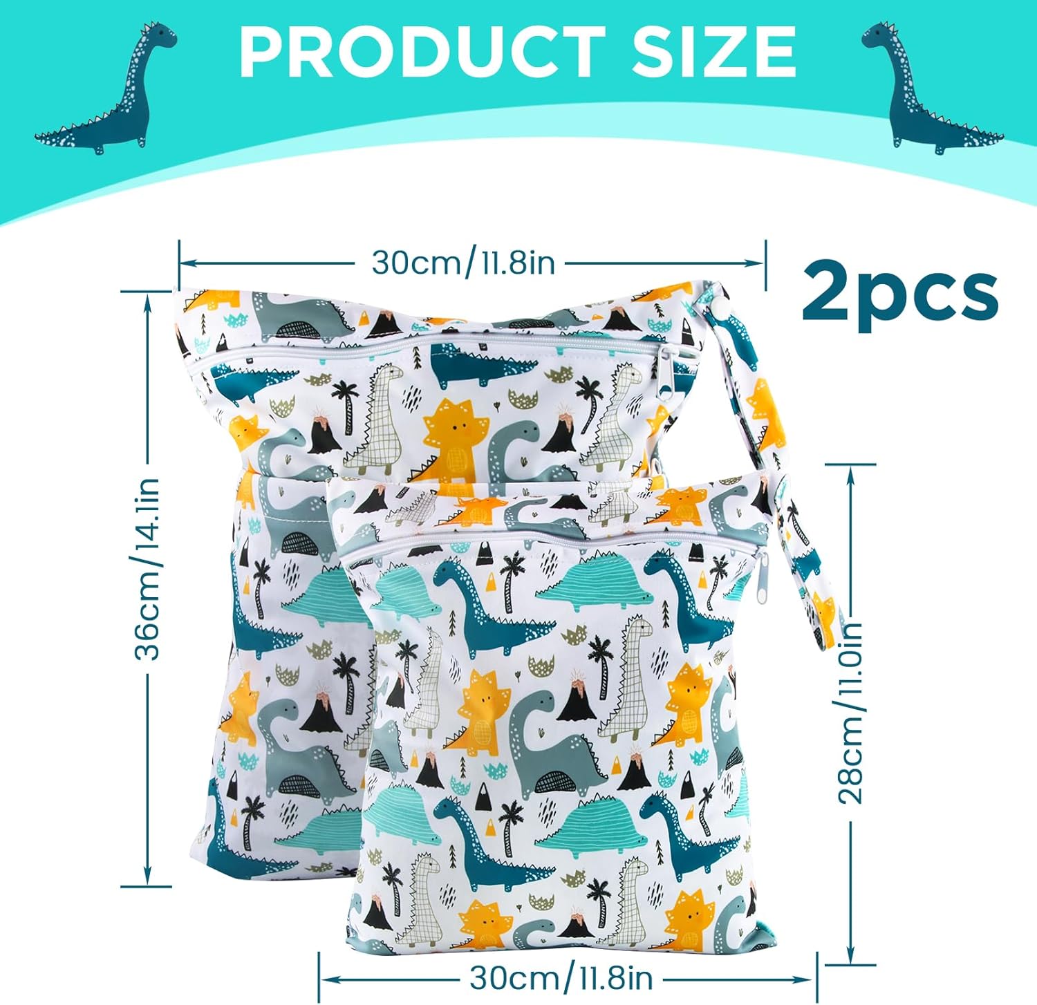 Kindergarten-Nasstasche 2er Set, Wasserdicht, Nassbeutel Kita, Windeltasche Nasstasche, Wetbag Stoffwindeln, Wiederverwendbar Dinosaurier – Bild 2