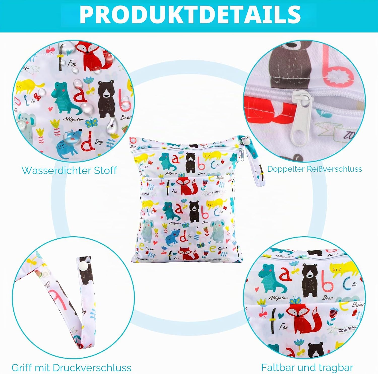 Nasstasche Kindergarten, Wetbag Kindergarten 2er Set, Wäschebeutel Kita Wasserdicht, Nassbeutel Waschbar, Windeltasche Nasstasche, Wetbag Stoffwindeln, Nasstaschen Wiederverwendbar, Zoo – Bild 5