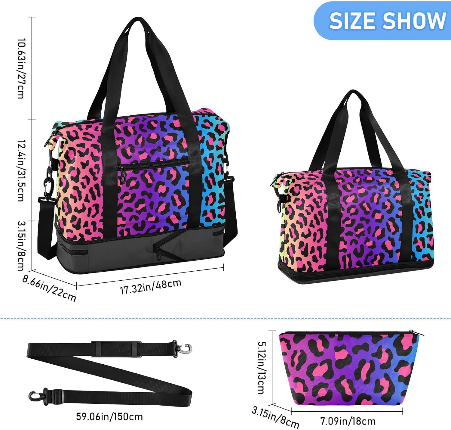 Mnsruu Große Wochenendtasche, Reisetasche mit Schuhfach und Nasstasche, Dschungelmotiv, buntes Leopardenmuster, mit Kulturbeutel, #04, Einheitsgröße, modisch – Bild 3